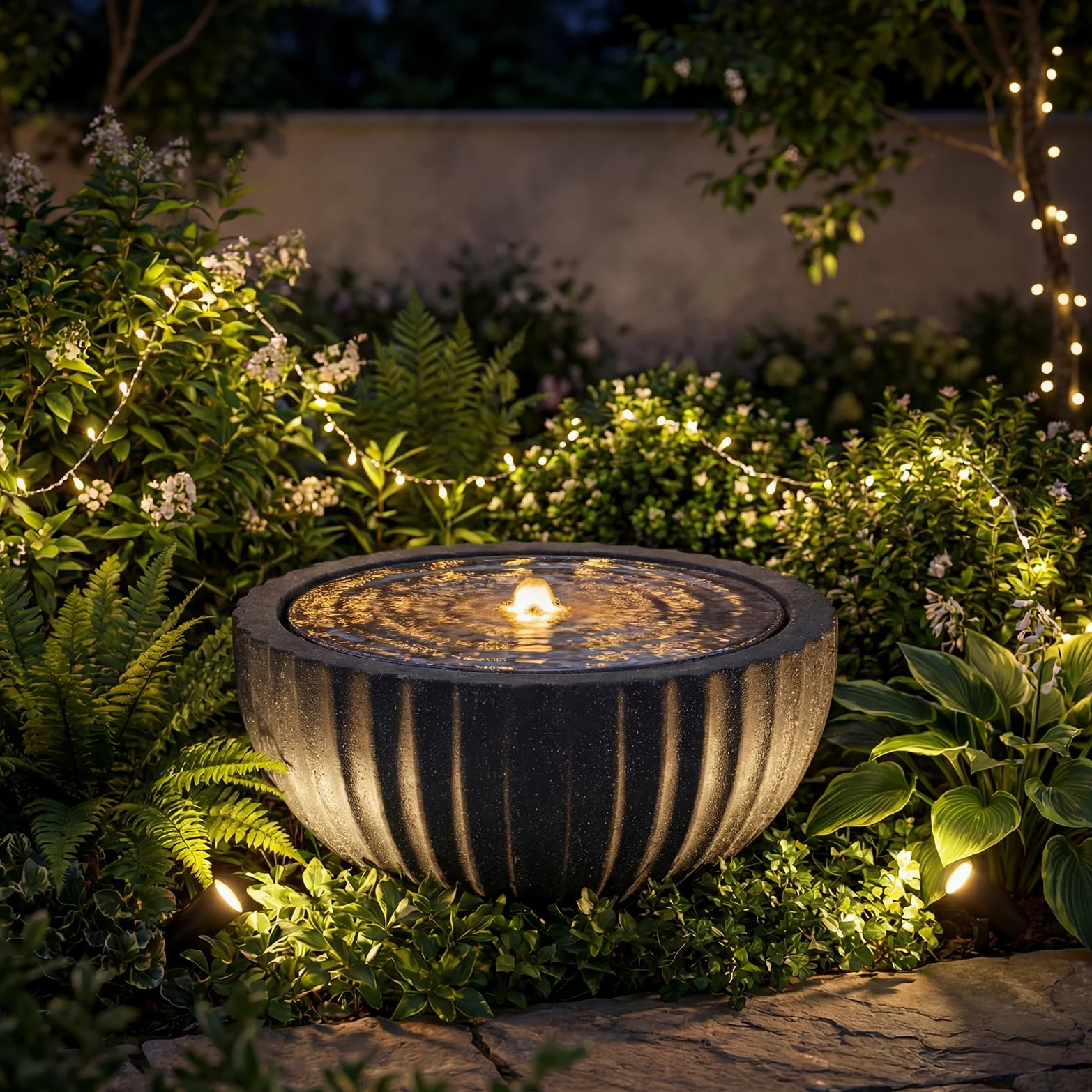 COSTWAY Fontaine Solaire d'Extérieur, Fontaine de Jardin Décorative avec 6 LED, Cascade Décoration en Forme de Bol Aspect Pierre en Résine Fibre de Verre pour Terrasse/Balcon, 45 x 45 x 23,5 cm