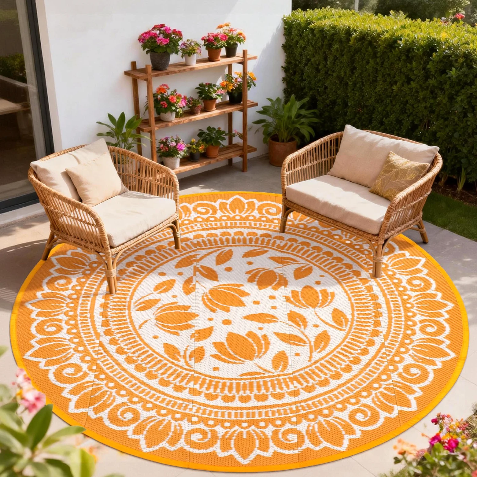 Tapis d'extérieur rond, noir, 180 cm, style bohème, résistant aux intempéries, réversible, en plastique, résistant aux UV, pour camping-car, camping, terrasse, plage, jardin, pique-nique