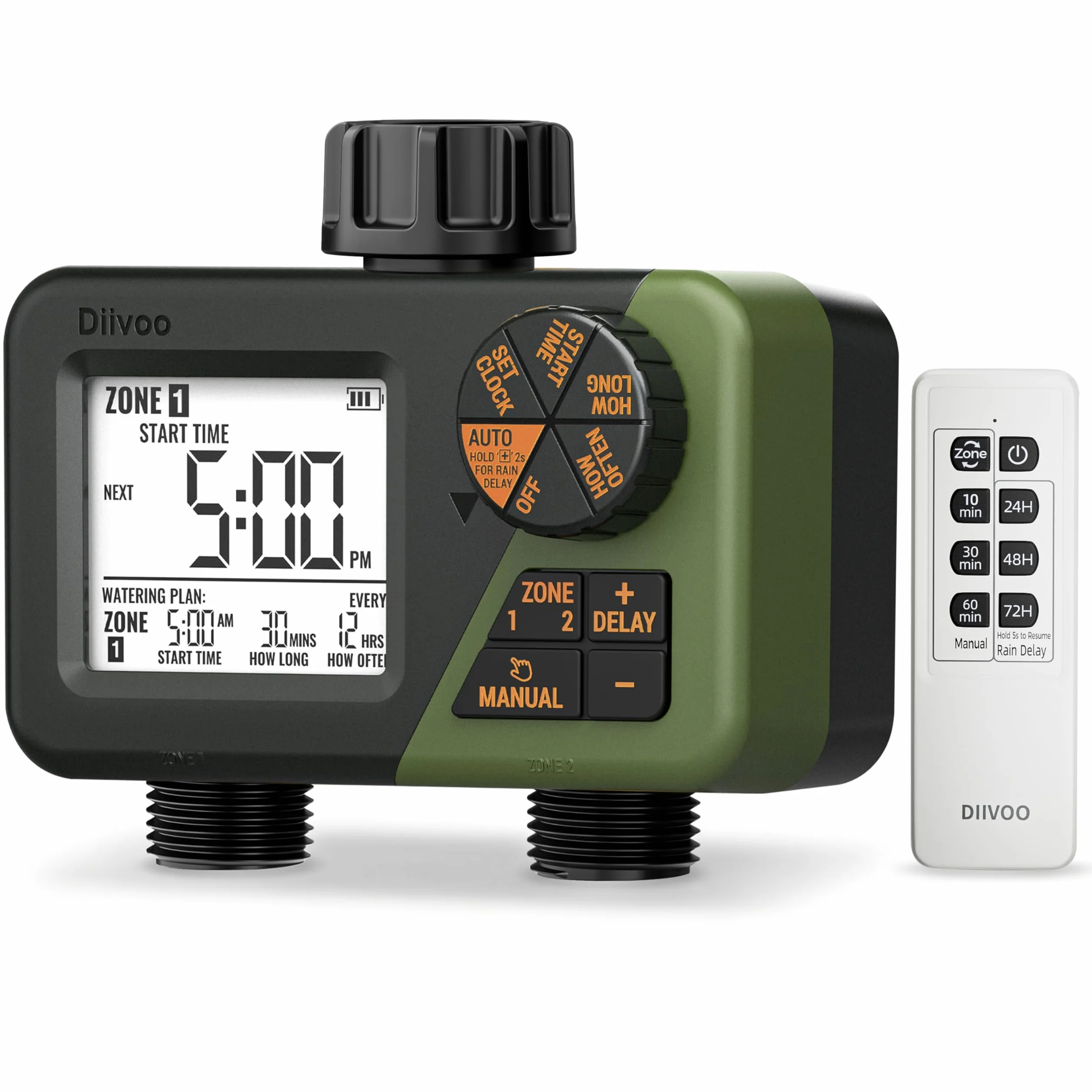 Diivoo RF Télécommande Programmateur Arrosage 2 Voies IP66 Grand Écran LCD