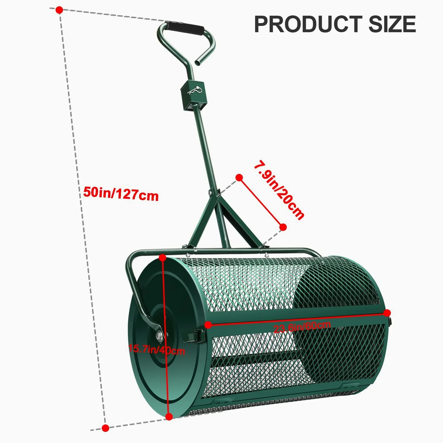 Épandeur de pelouse et de jardin, rouleau en maille métallique robuste pour une répartition uniforme du compost, de la mousse de tourbe et de la terre végétale – Poussez ou remorquez pour une
