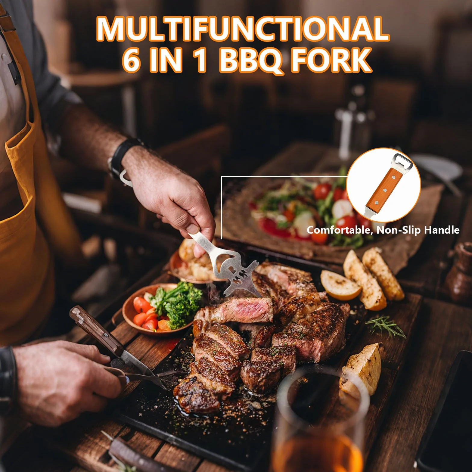 Ensemble d'Ustensiles de Barbecue Extra Longs en Acier INOX avec Poignée en Bois
