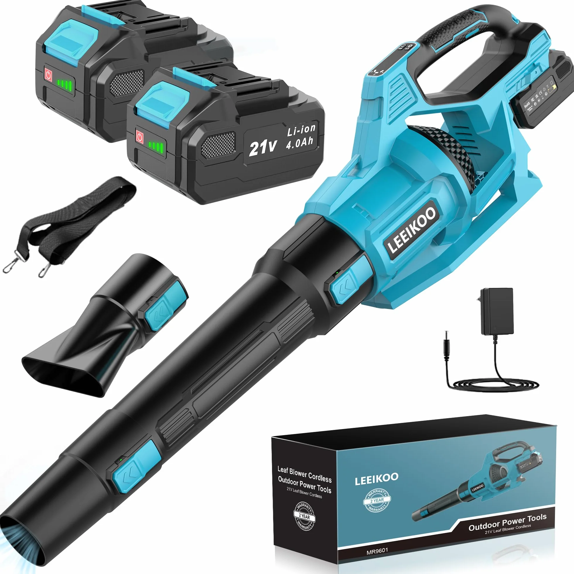 Souffleur Batterie, 21V Souffleur de Feuilles avec 2 Batteries 4,0Ah, 3 Vitesses, 2 Tubes de Soufflage, Sangle Souffleur à Batterie pour Nettoyage de Jardin