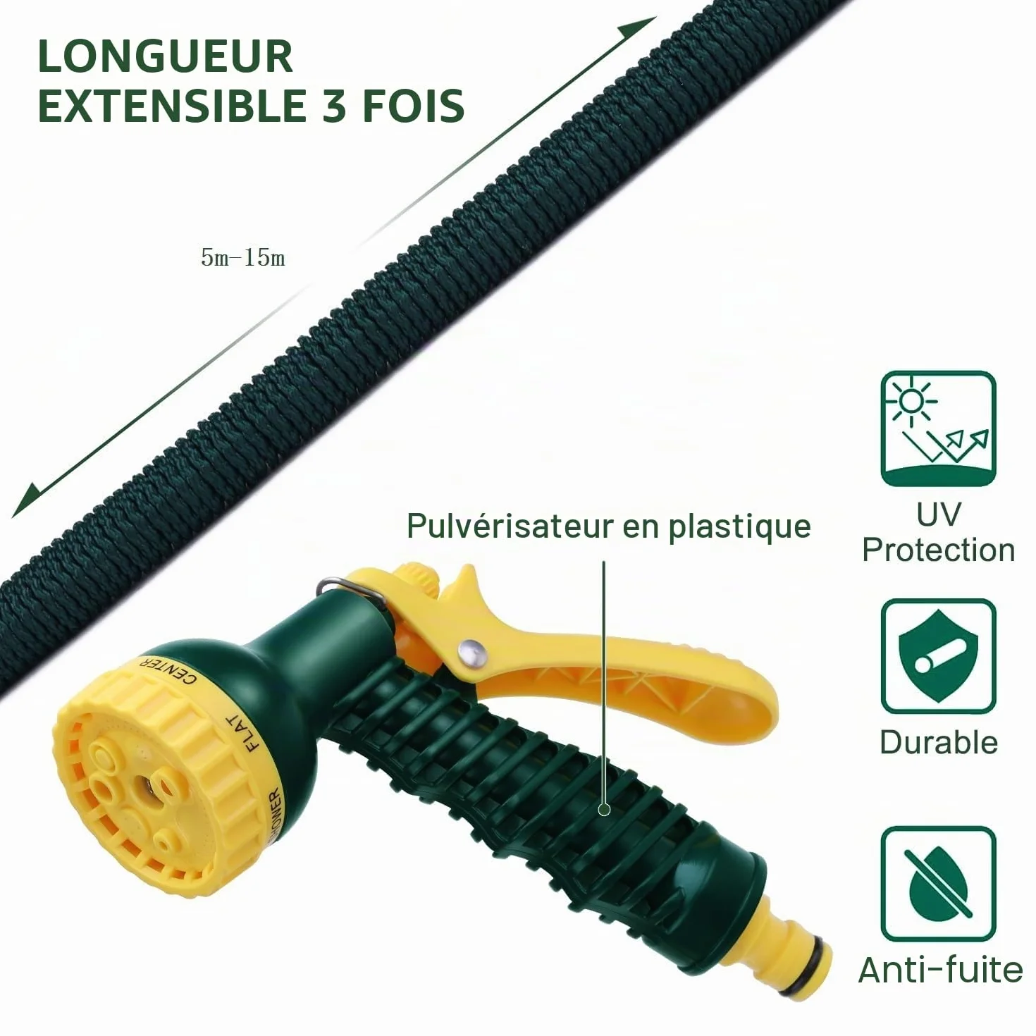 HERZO Tuyau d'arrosage extensible magique 15m avec pistolet 7 réglages