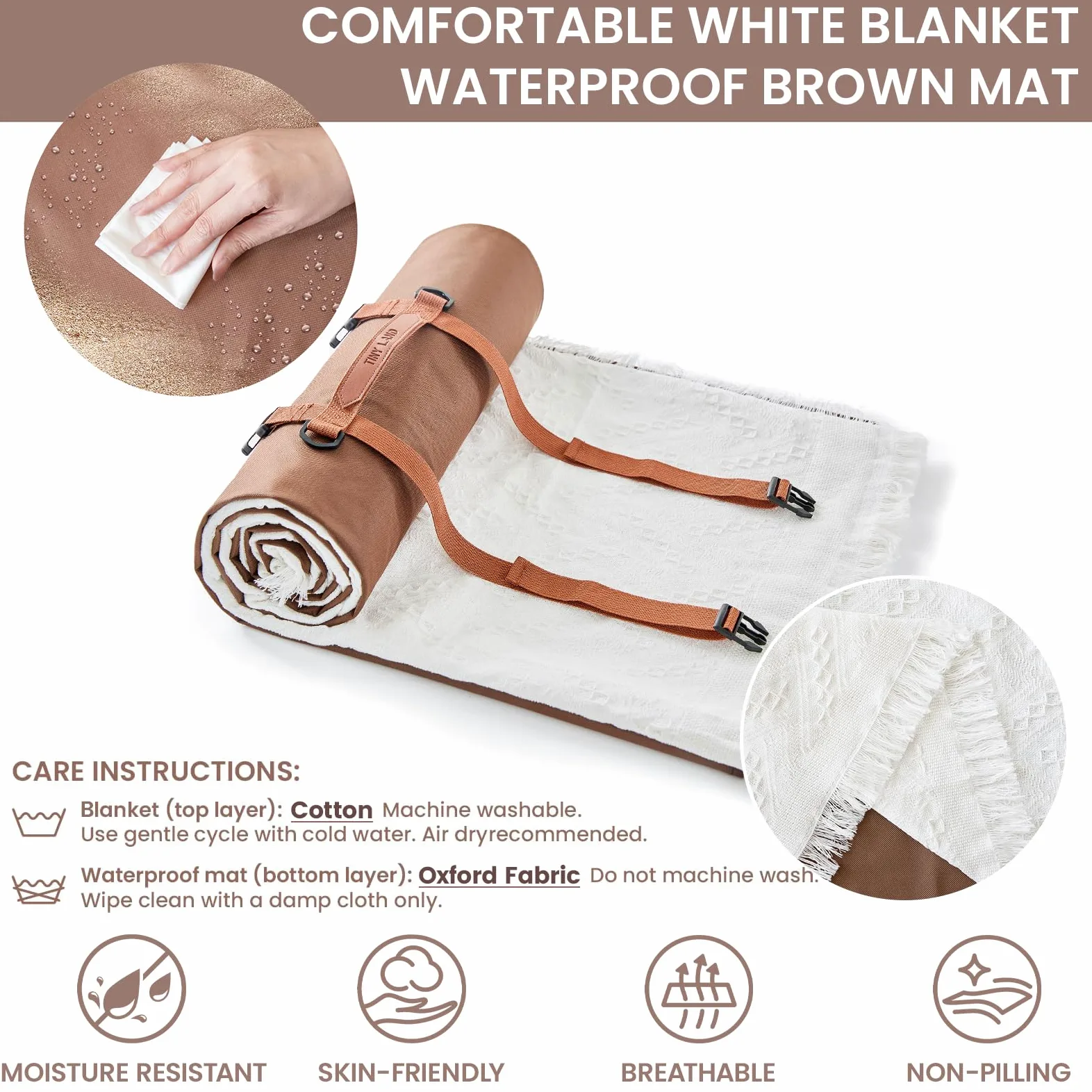 Tiny Land Couverture de Pique-Nique 2 en 1 imperméable pour l'extérieur, Grand Tapis de Plage Pliable pour 4 à 6 Adultes, Parfaite pour Le Yoga, Le Stade, la Voiture, Meilleur Cadeau pour Couple et