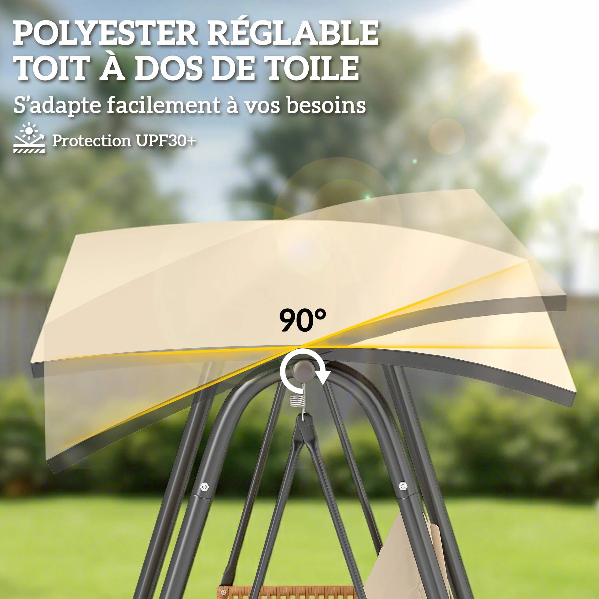 Outsunny Balancelle de Jardin 3 Places Toit Réglable UPF 30+ Acier 360kg Coussin 7cm Banc Suspendu Extérieur Terrasse Sable