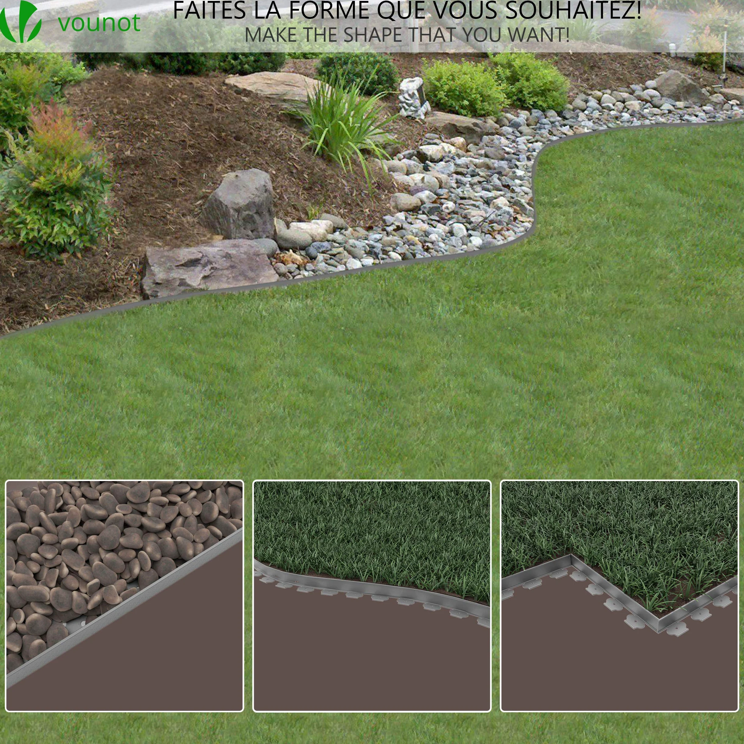 VOUNOT Bordure de Jardin en Plastique 10 mètres avec 30 Piquets d'ancrage Bordurette de Pelouse & Toile de Paillage avec 30pcs de Piquets Contre Les Mauvais Herbes 10Mx2M