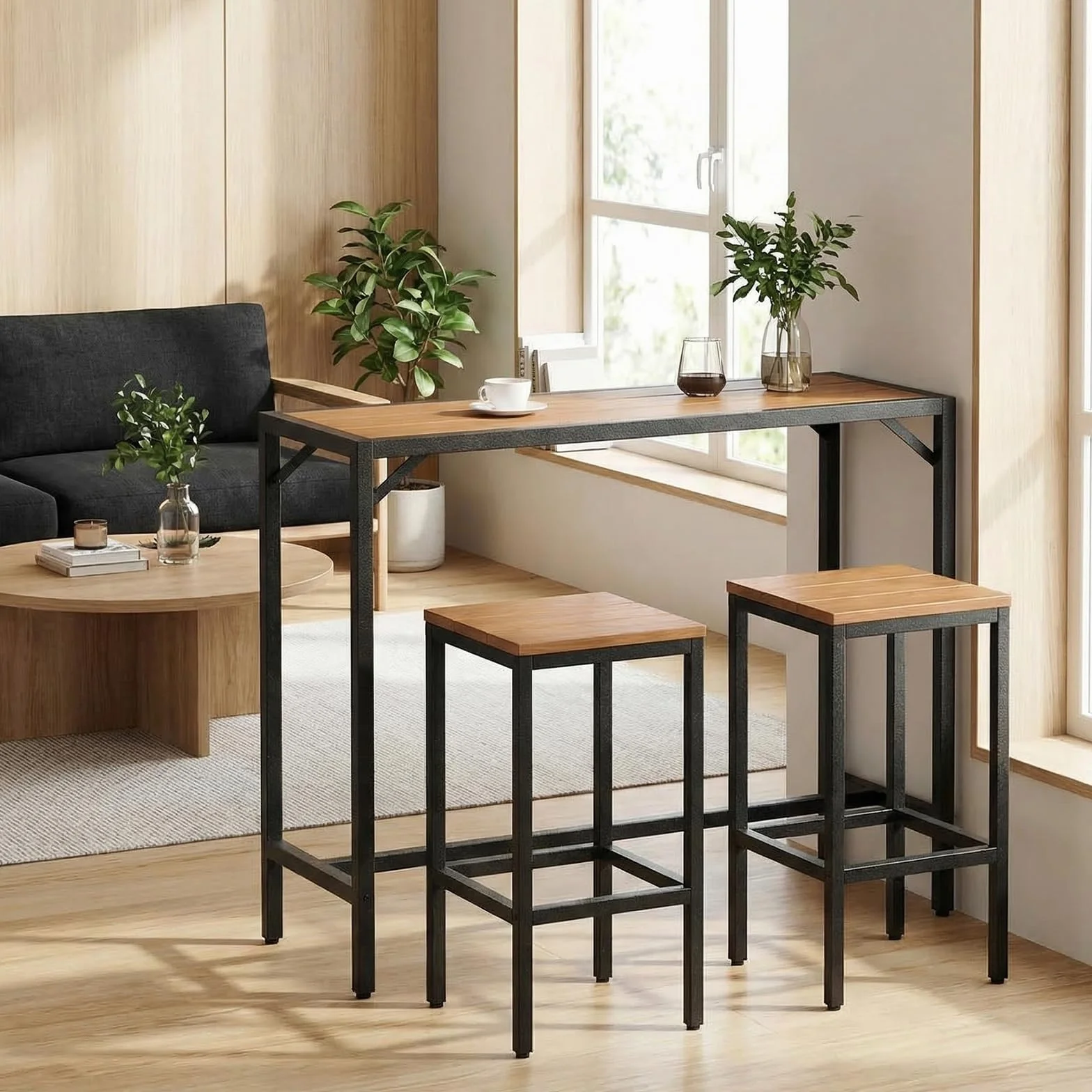 Table Haute de Jardin Clevich 120x38x98 cm Mange Debout Exterieur Plateau Étanche Pieds Réglables Hauteur Bois