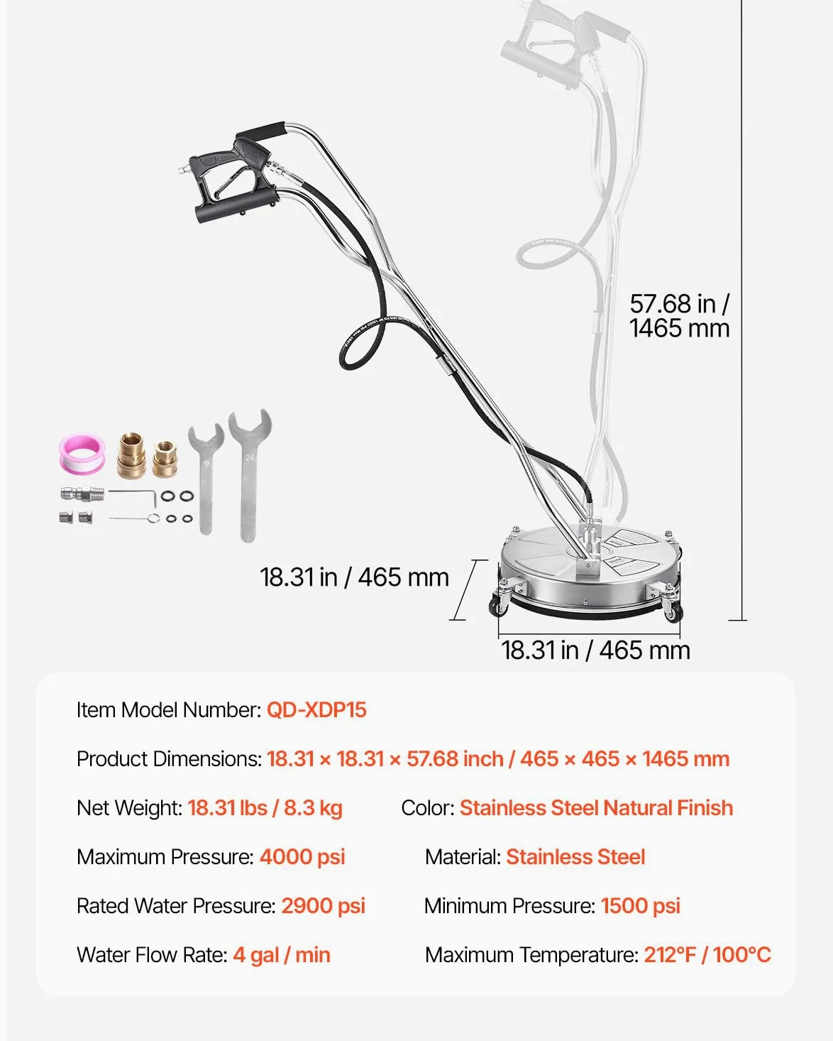 VEVOR Nettoyeur de surface pour nettoyeur haute pression 465 mm, accessoire nettoyeur sol en acier inox sur roues, 275 bar max. connecteur 0,95 cm 2 buses pulvérisation double poignée pour béton patio
