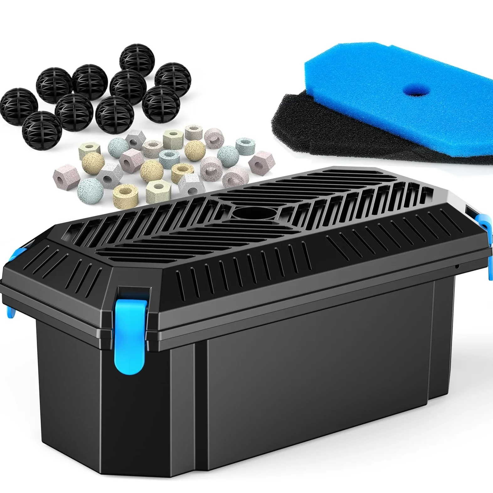 POPOSOAP Kit de filtre d'étang pour extérieur - Ensemble de protection de pompe et de traitement de l'eau pour étangs de 350-2000 L, avec 2 tapis filtrants et 20 boules bio (Pas de pompe)