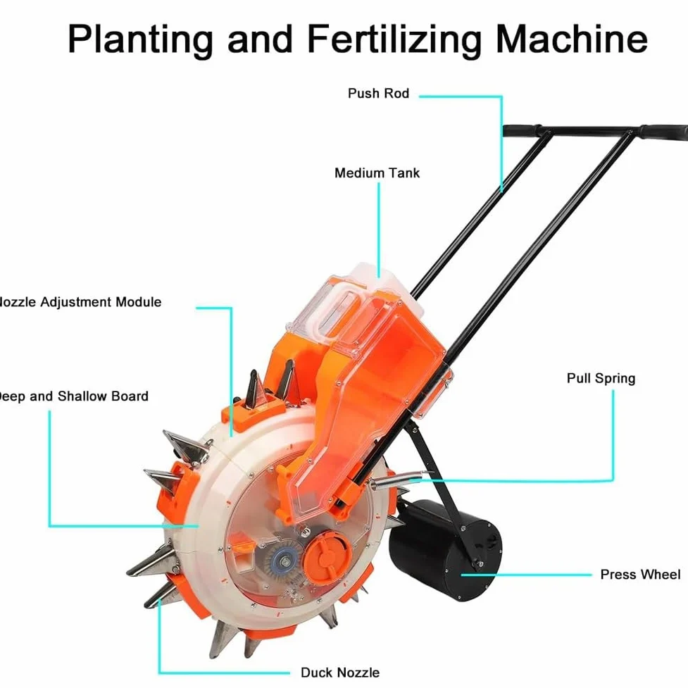 Semoir à graines à pousser à la main, 5 à 7 bouches, semoir à pousser pour jardin, semoir portable pour cultures en rangées, peut contenir 5 kg de graines et 3,5 kg d'engrais, pour semer des graines