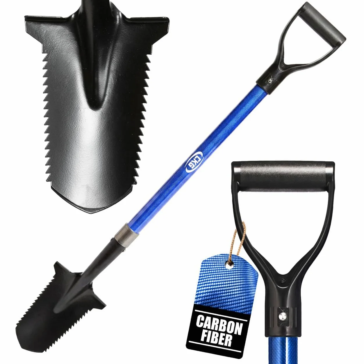 CKG Pelle de détection de métaux en carbone avec double lame dentelée – Coupe-racines de jardin léger, accessoire professionnel de détecteur de métaux, pelle dorée – Bleu carbone