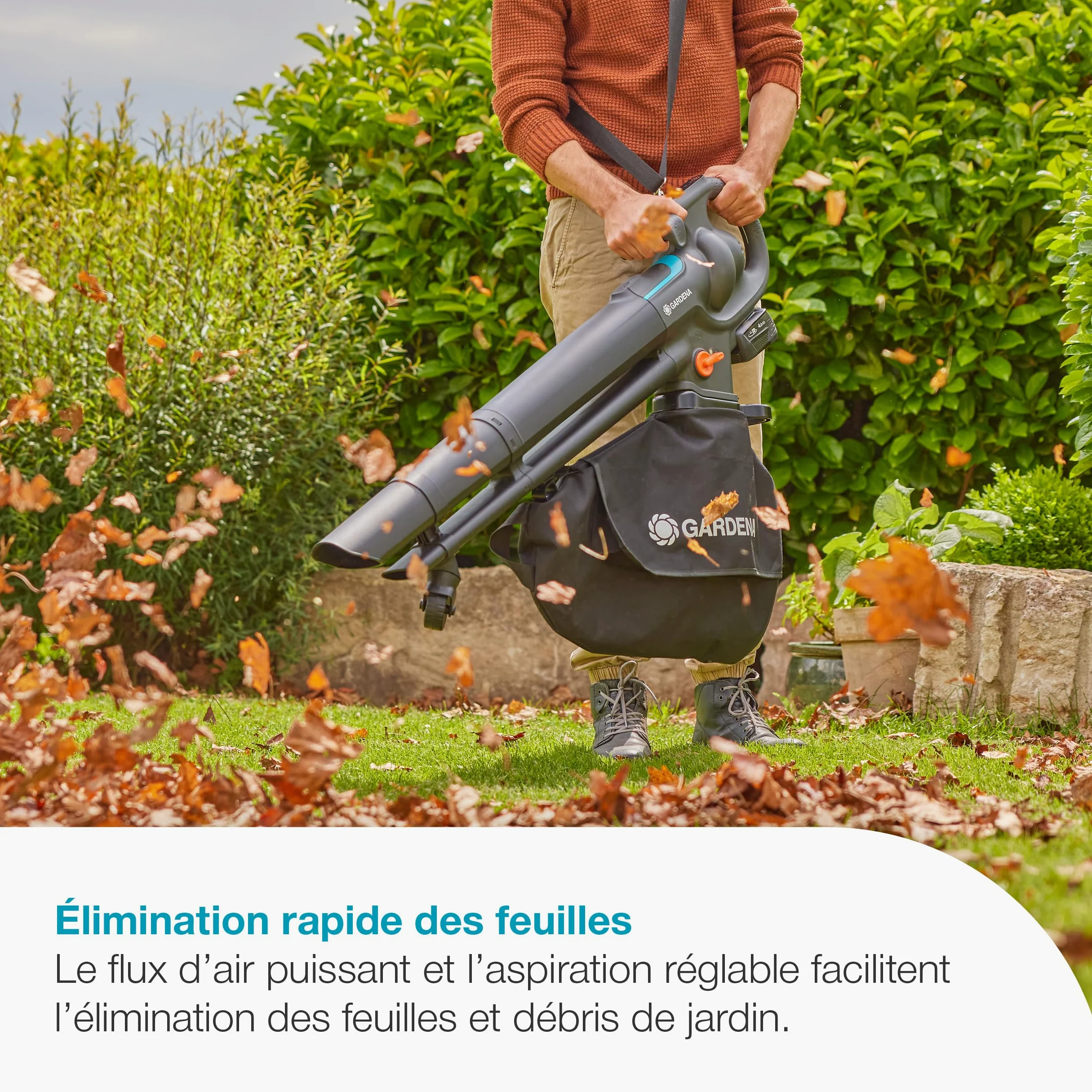 Gardena Aspirateur souffleur broyeur 3-en-1 PowerJet Collect 18V P4A - sans chargeur ni batterie: Flux d’air puissant , Changement de mode rapide , Vitesse réglable , Sac de ramassage (14895-55)