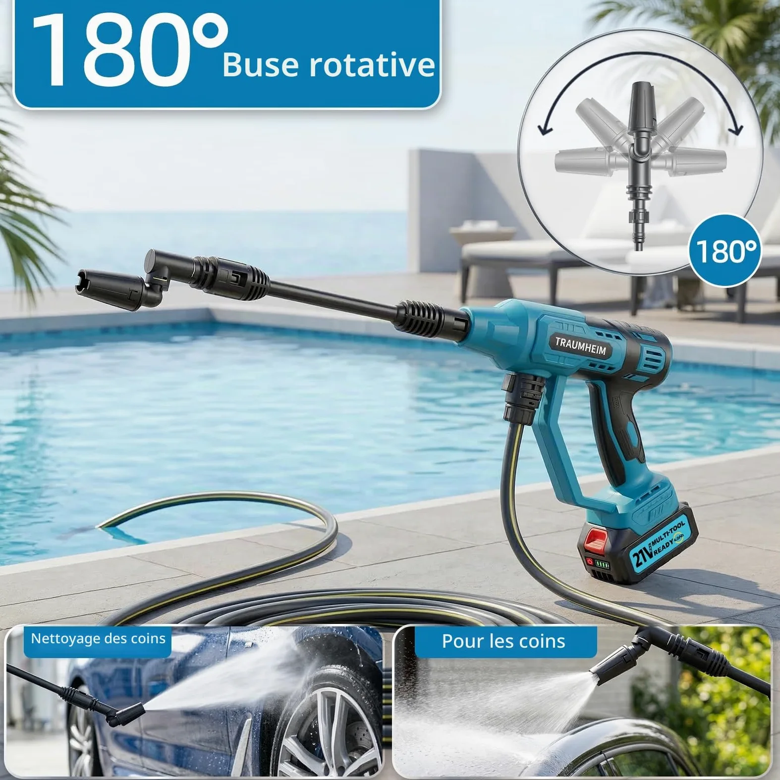 Nettoyeur haute pression sans fil, mode 4 vitesses, max 150 bar, Hydro Blast, nettoyeur haute pression mobile multifonction avec 2 batteries de 4,0 Ah, buse 6 en 1 et rotation à 180° pour voitures