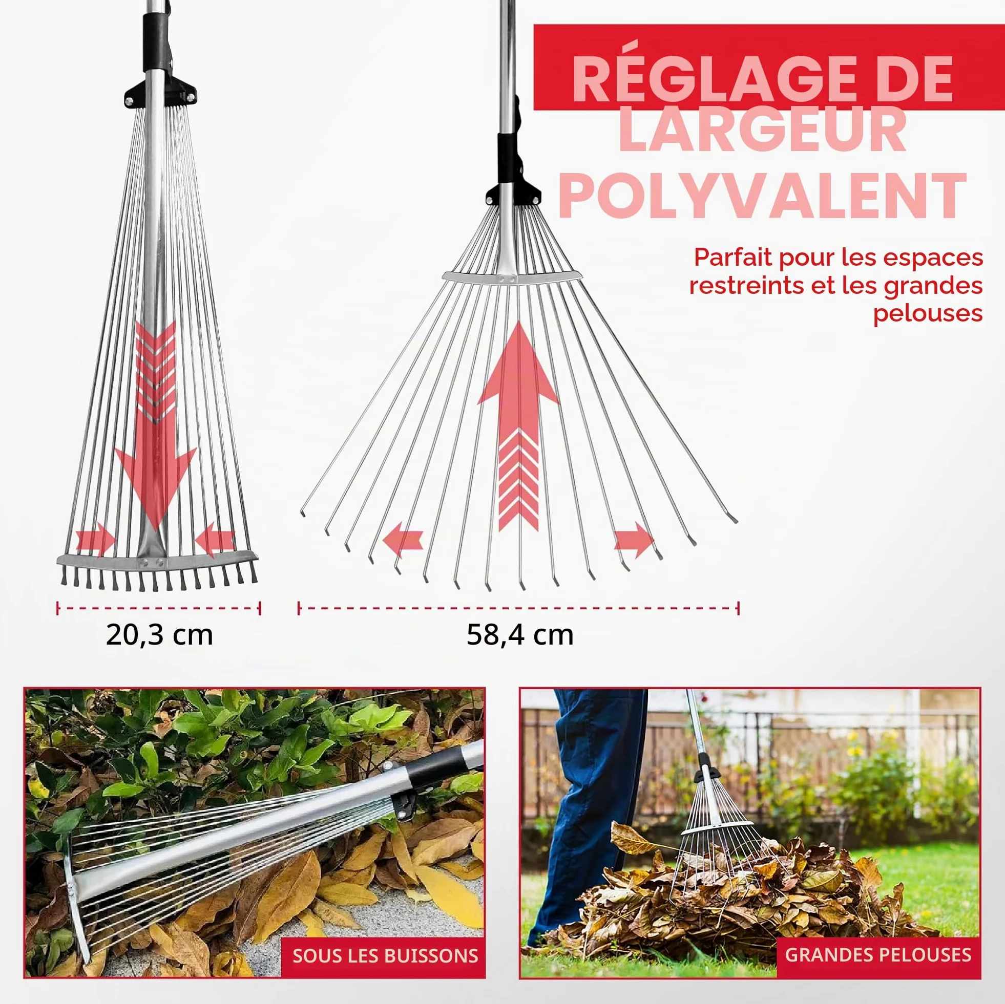 TABOR Tools J16E Râteau télescopique en métal, 160 cm de Long, râteau à Feuilles Pliable réglable pour Un Nettoyage Rapide de la pelouse et de la Cour, râteau à Feuilles de Jardin, poignée Extensible