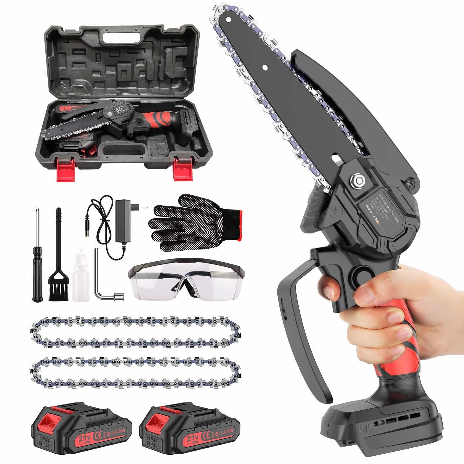 Mini Tronconneuse a Batterie, 6 Pouces Tronçonneuse Sans Fil Electrique, Tronçonneuse à Main 2* Batterie, 2*Chaîne Pour La Coupe Du Bois, Les Branches D'arbres, Jardin, L'élagage
