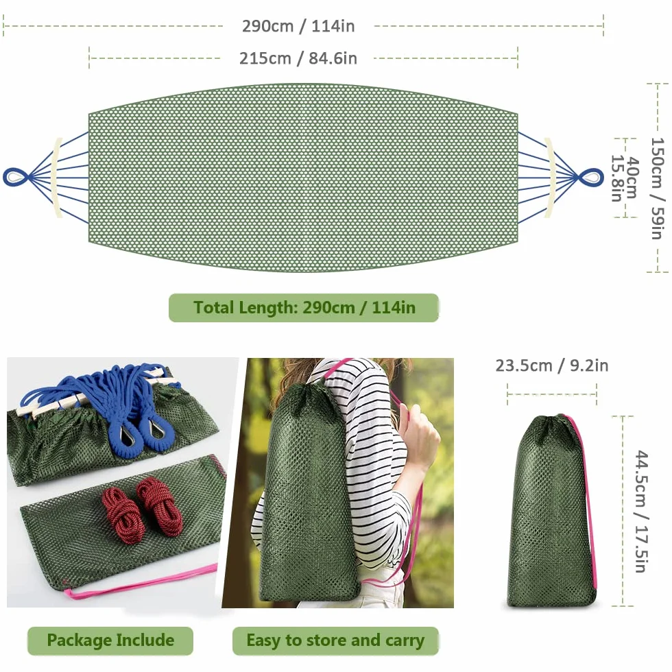 Hamac de Camping Respirant en Nylon Filet avec Barres Bois 290x150 cm Vert