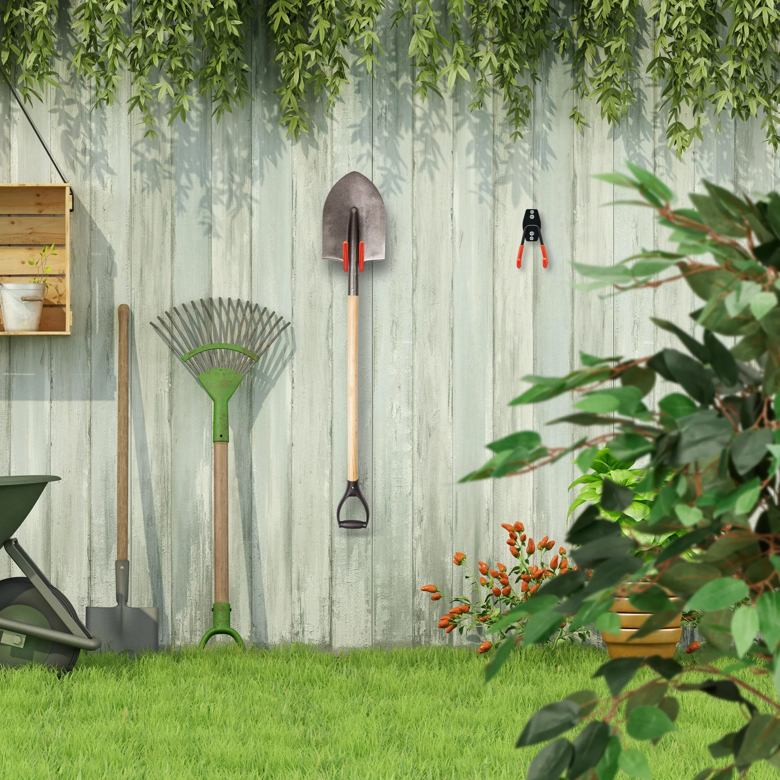 Relaxdays Crochet Mural, Set de 14, Support pour Outils, Acier, caoutchouté, Rangement Outils de Jardin, Noir-Orange