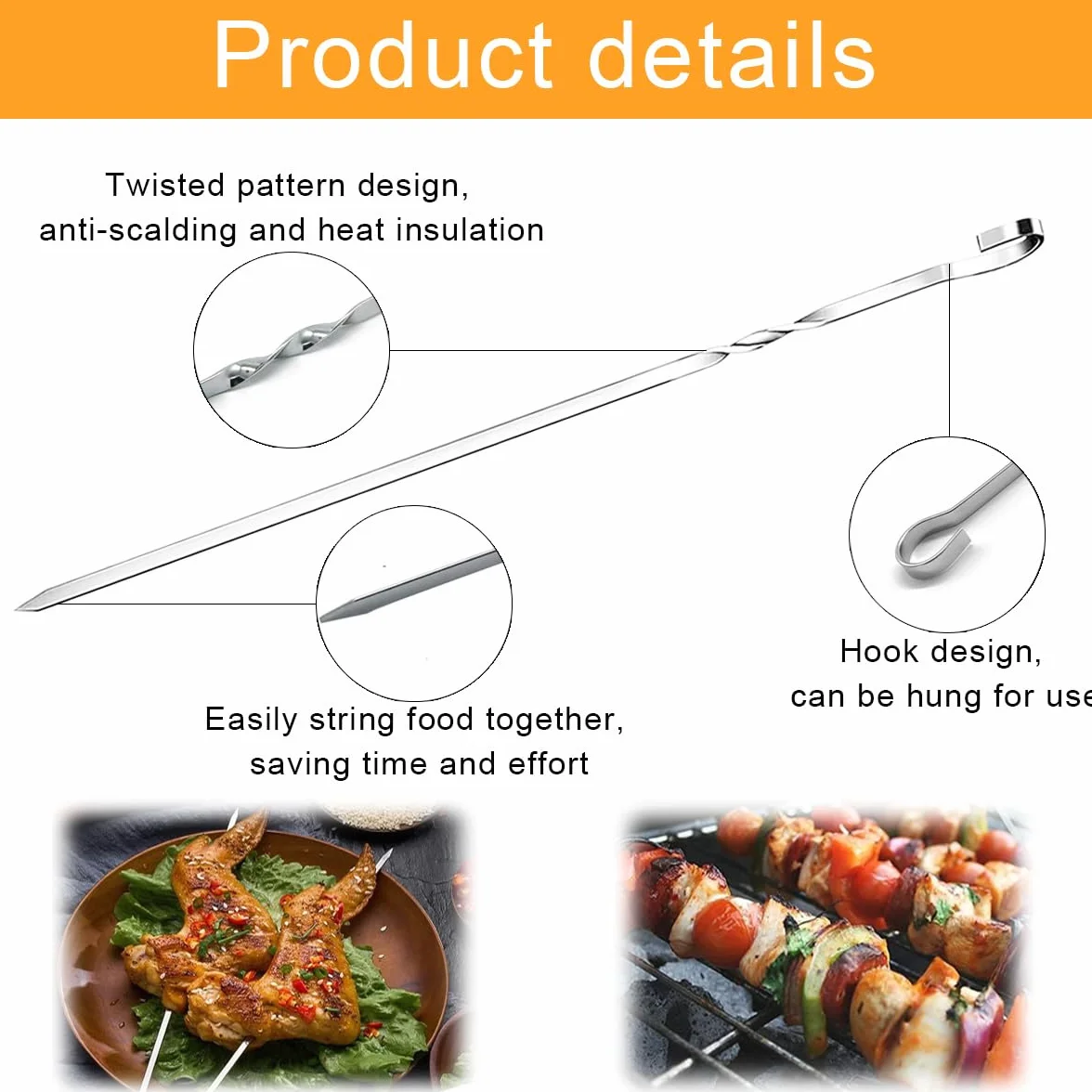 Brochette inox 30 cm 24 pièces réutilisables acier inoxydable barbecue