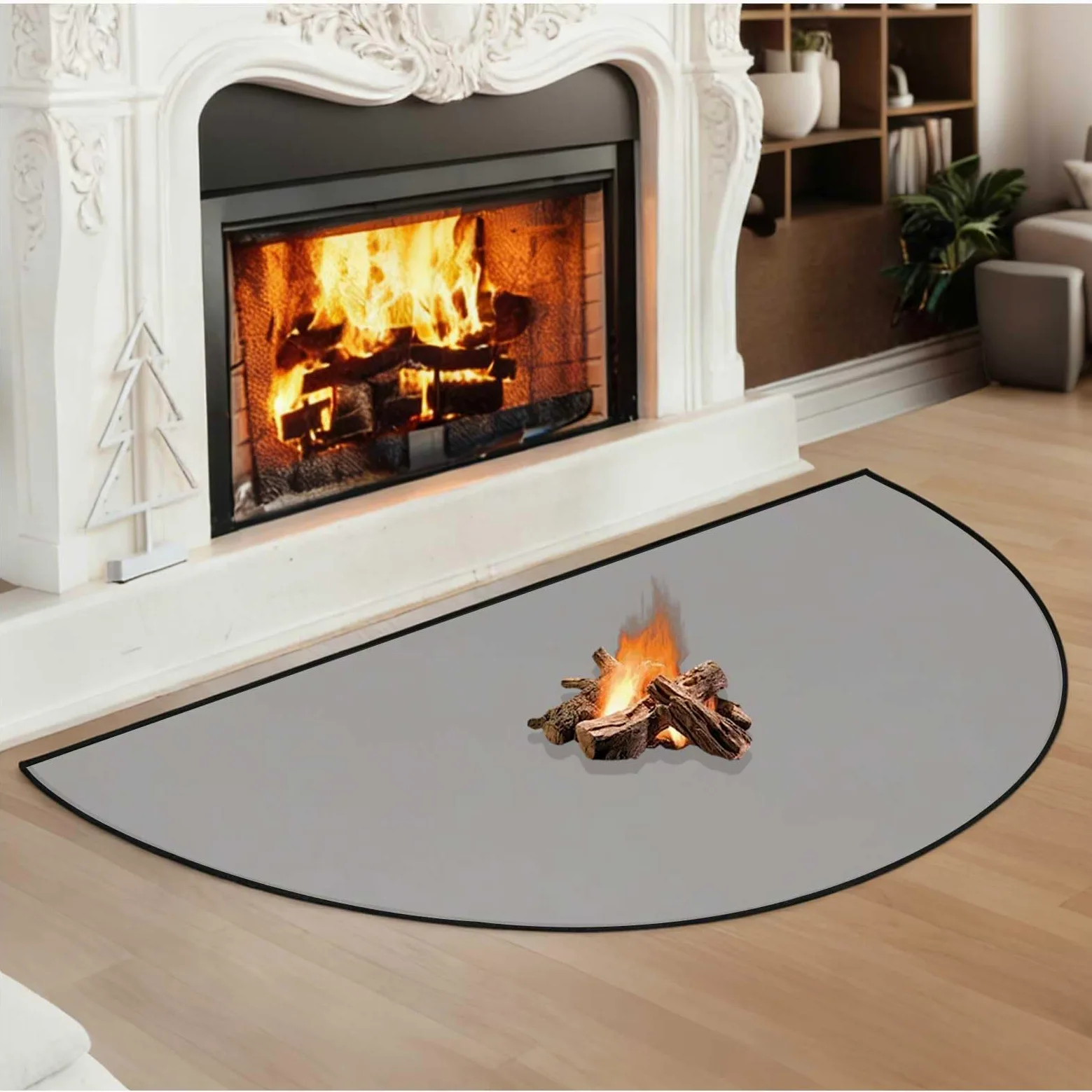 Tapis de Cheminée Ignifuge, Tapis de Cheminée Demi-Rond, Tapis de Foyer pour Poêle à Bois, Cheminée, Tapis de Cheminée Fins Résistants au Feu, Tapis de Barbecue pour Fumeur,Gris,61x102cm