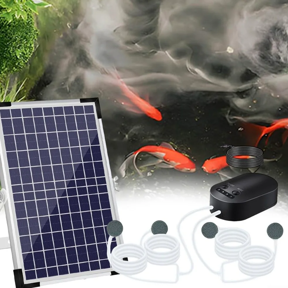 Zoegneer Aérateur de bassin solaire 10 W Pompe oxygénateur avec 3 modes de fonctionnement 4400 mAh 3 modes de fonctionnement Pierres à air Pompe à air solaire pour bassin de jardin aquarium