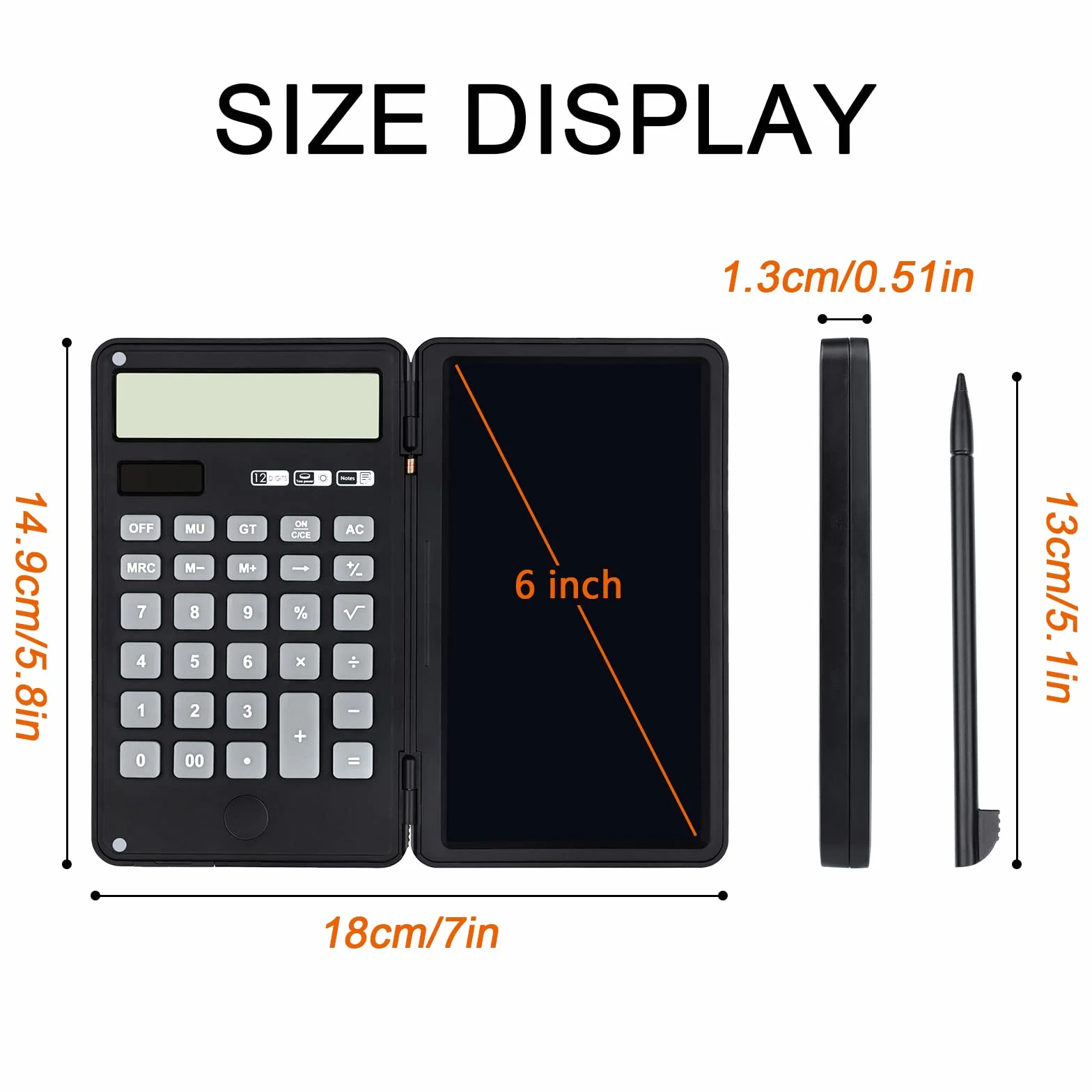 Tablette d'écriture LCD Effaçable Calculatrice Bureau 12 Chiffres Solaire Batterie Double Alimentation Poche Noir
