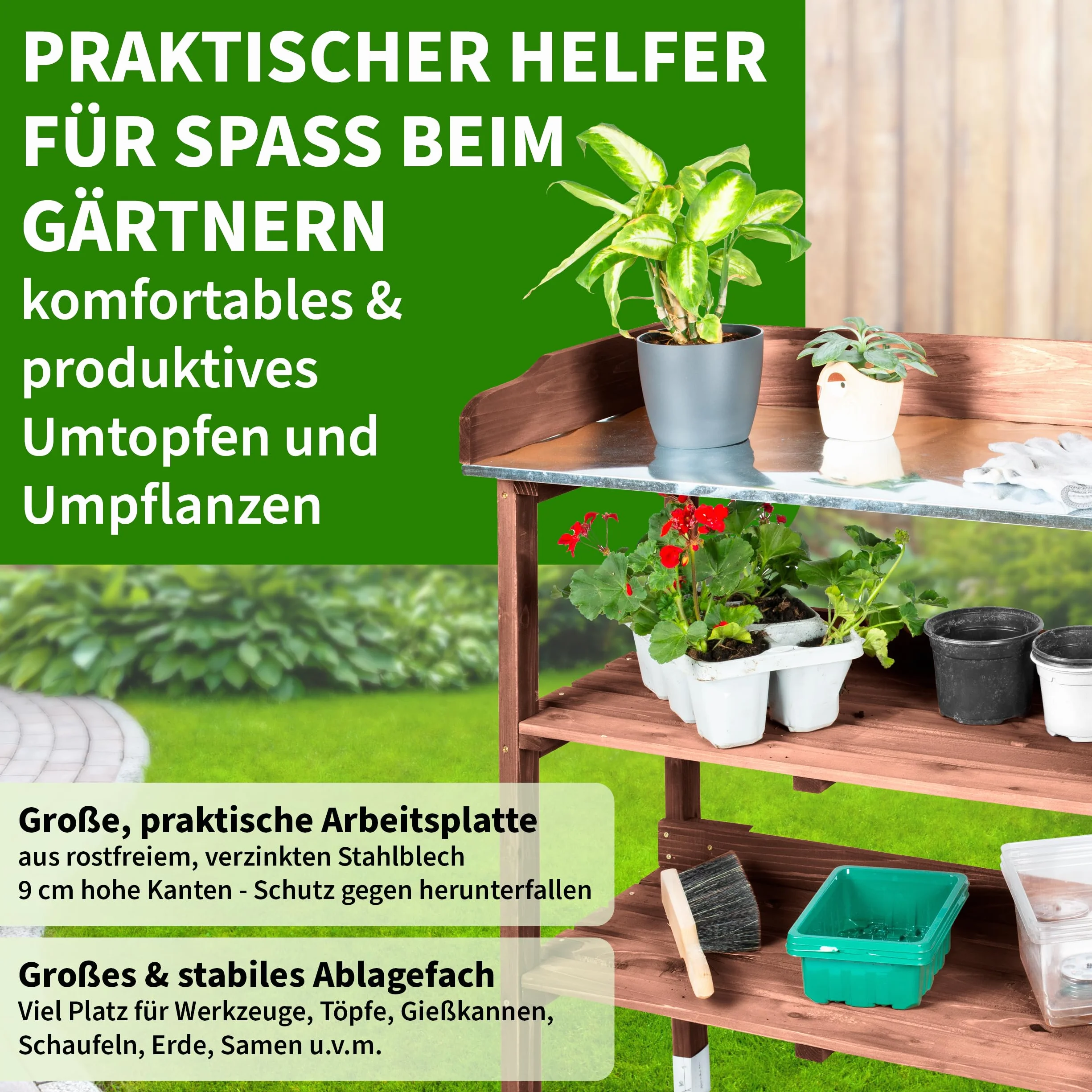 TTL Garden Planter Deluxe Table de jardinage 3 tiroirs plan de travail galvanisé extérieur résistante intempéries étagère 6 crochets bois sapin marron