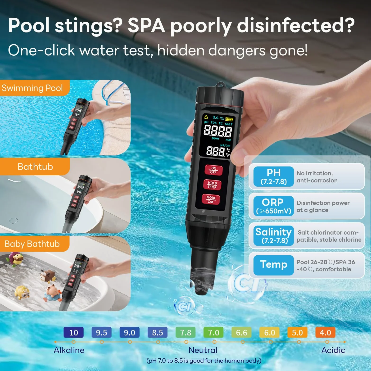 7 en 1 Testeur Ph Piscine Electronique,Ph Metre PH/Tds/Ec/ORP/S.G./SALT/TEMP,Testeur de Ph Ecran LCD & Compensation Automatique Température,Convient Piscines, Aquariums,Potable, Hydroponie