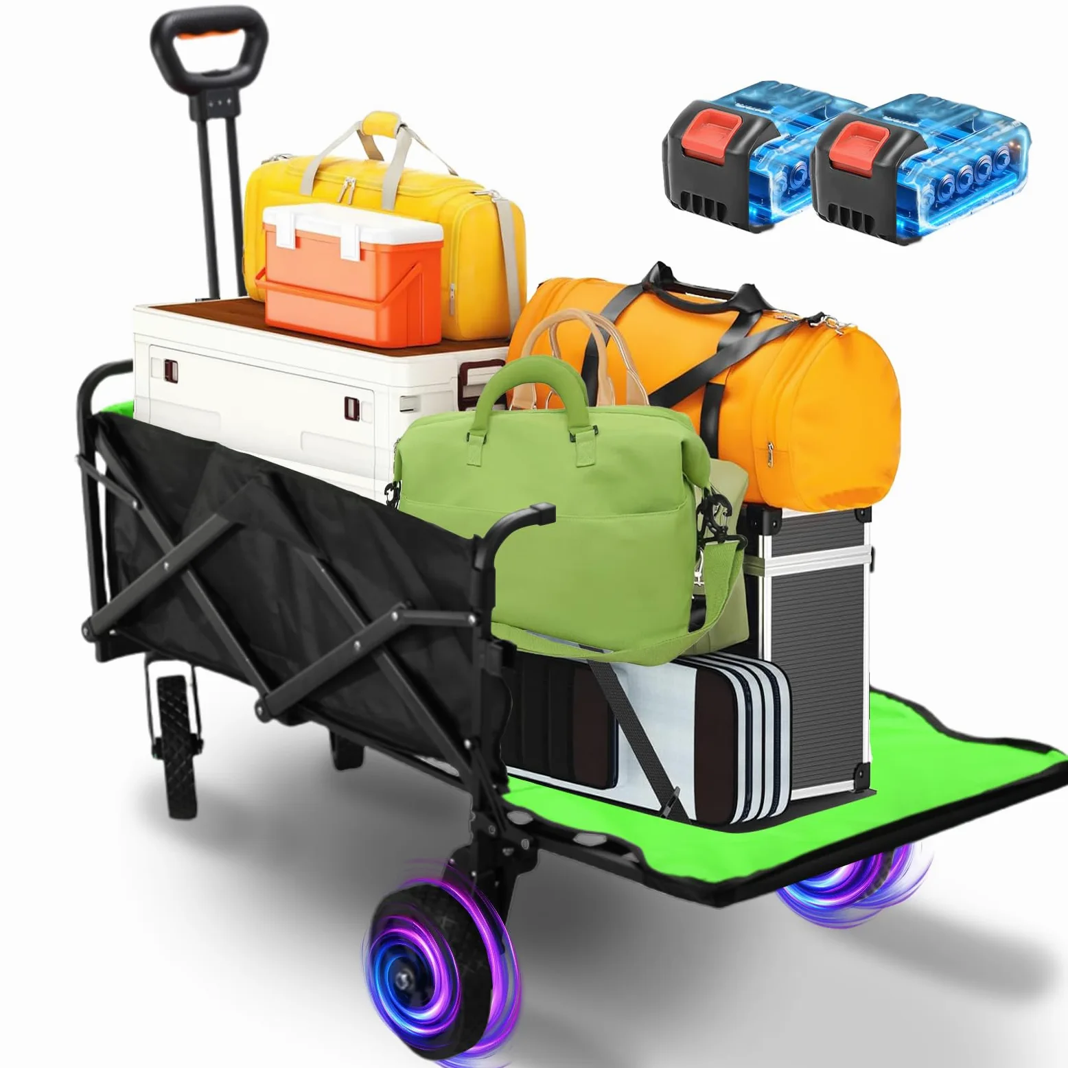 Chariot Électrique Pliable Tout -Terrain 160L/50kg avec Hayon, Noir | Chariot de Plage Pliable, Motorisation 4000mAh, Pneus Renforcés pour Plage, Camping, Jardin et Courses