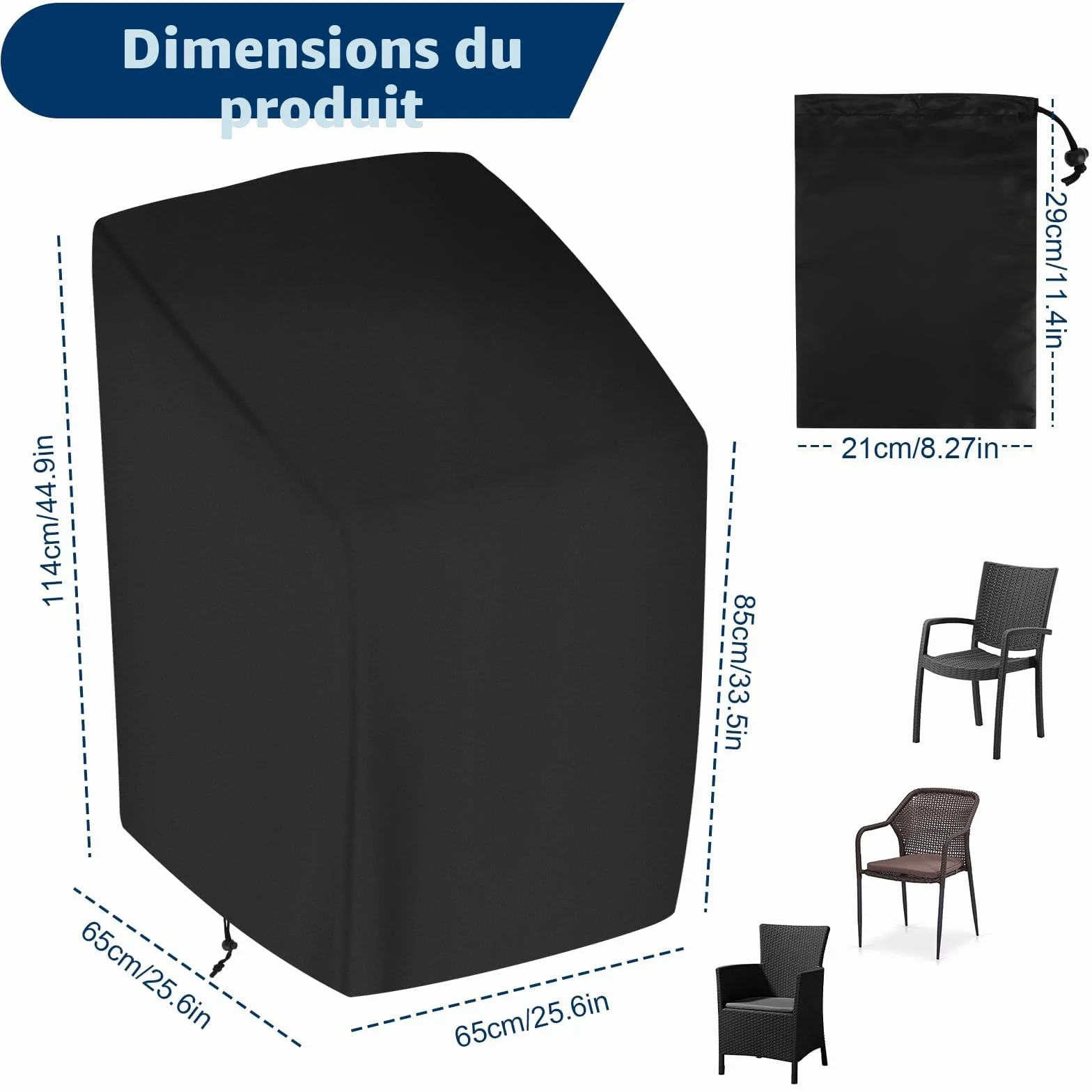 Housses de Chaises de Jardin Empilable 210D Imperméable Anti-UV Résistant Au Froid Noir