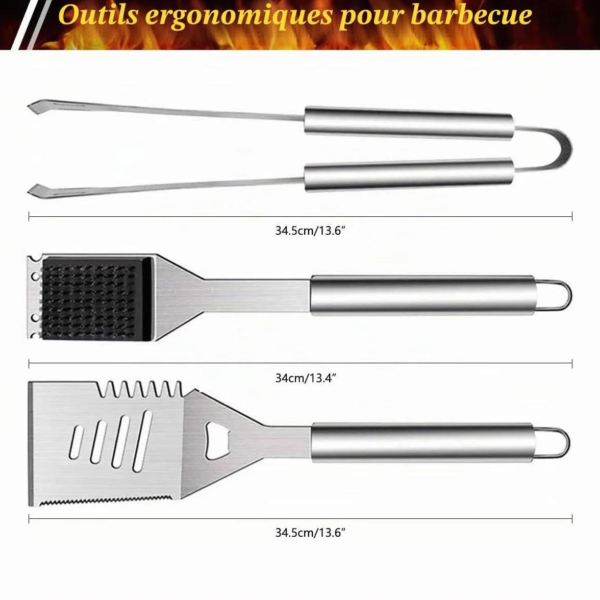 Lot de 3 Ustensiles de Barbecue en Acier Inoxydable avec Sac de Transport, Spatule, Pince et Fourchette