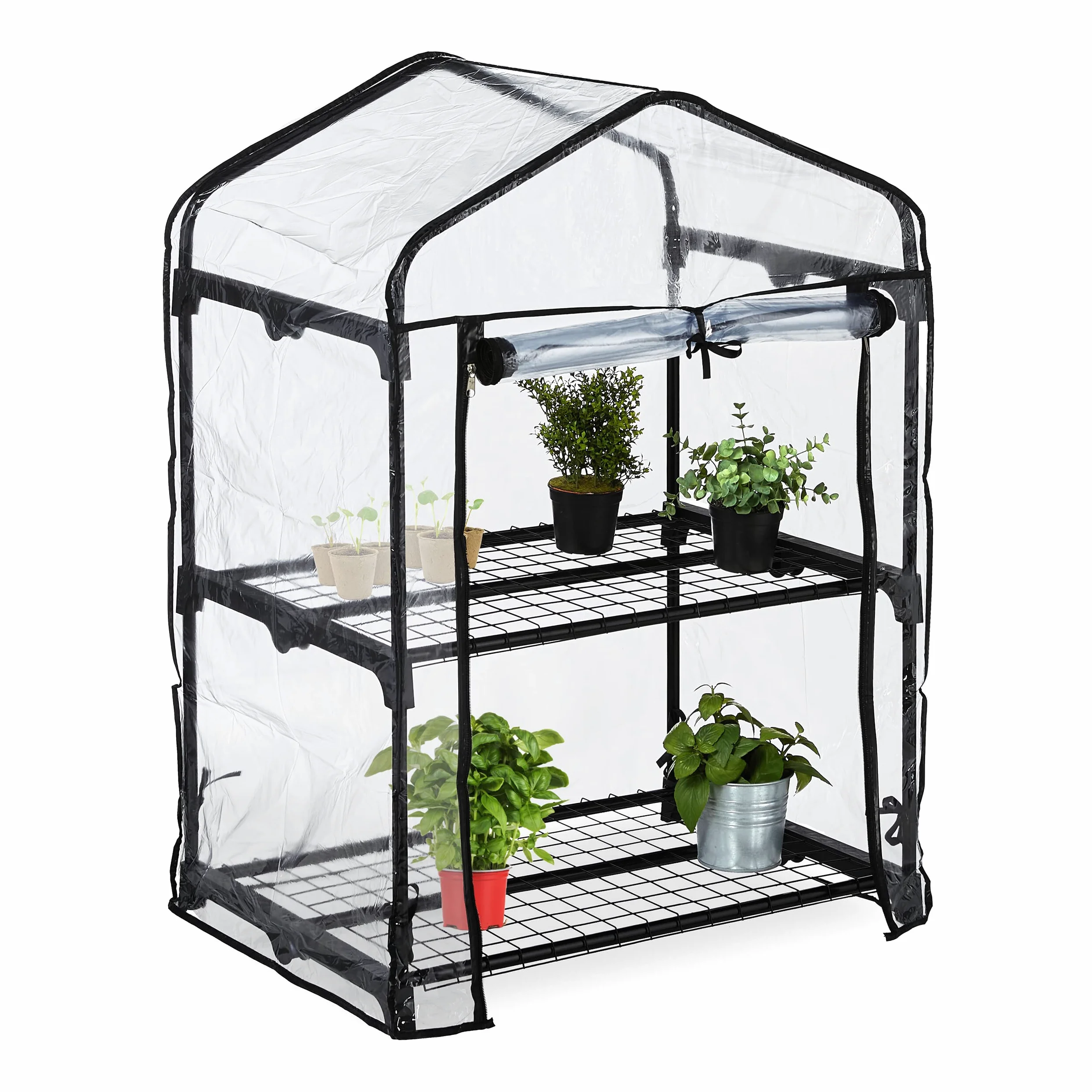 Relaxdays Serre de Balcon, 2 étagères, bâche en PVC, Acier, H x L x P : 94 x 67 x 49 cm, Transparent et Noir
