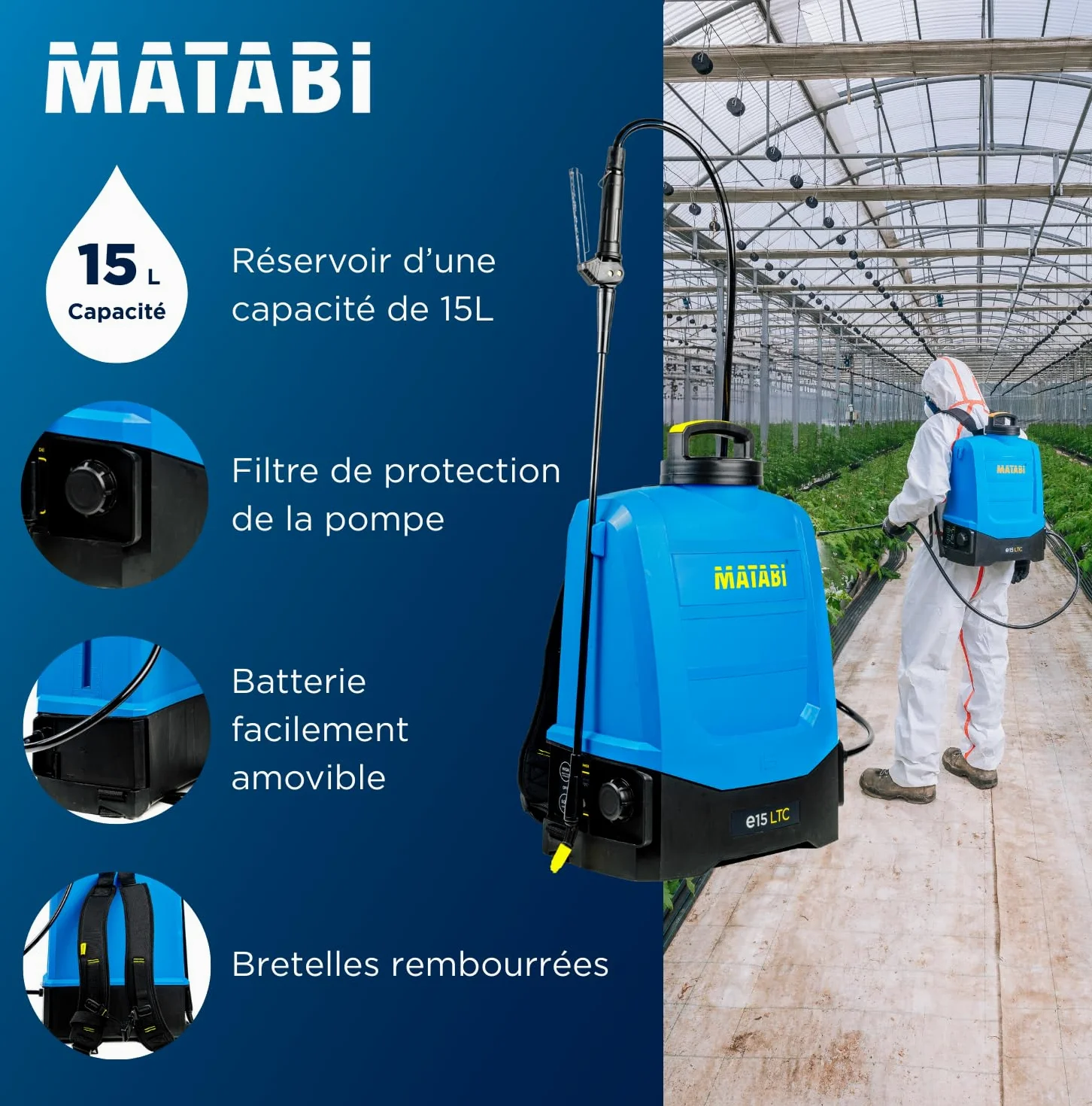 Matabi e15LTC - Pulvérisateur Électrique 15L - Batterie 20V - Kit de Busses | 2 modes de pulvérisation homogène, 4 buses, batterie pour 25 réservoirs, applications agricoles, potagers et jardins pro
