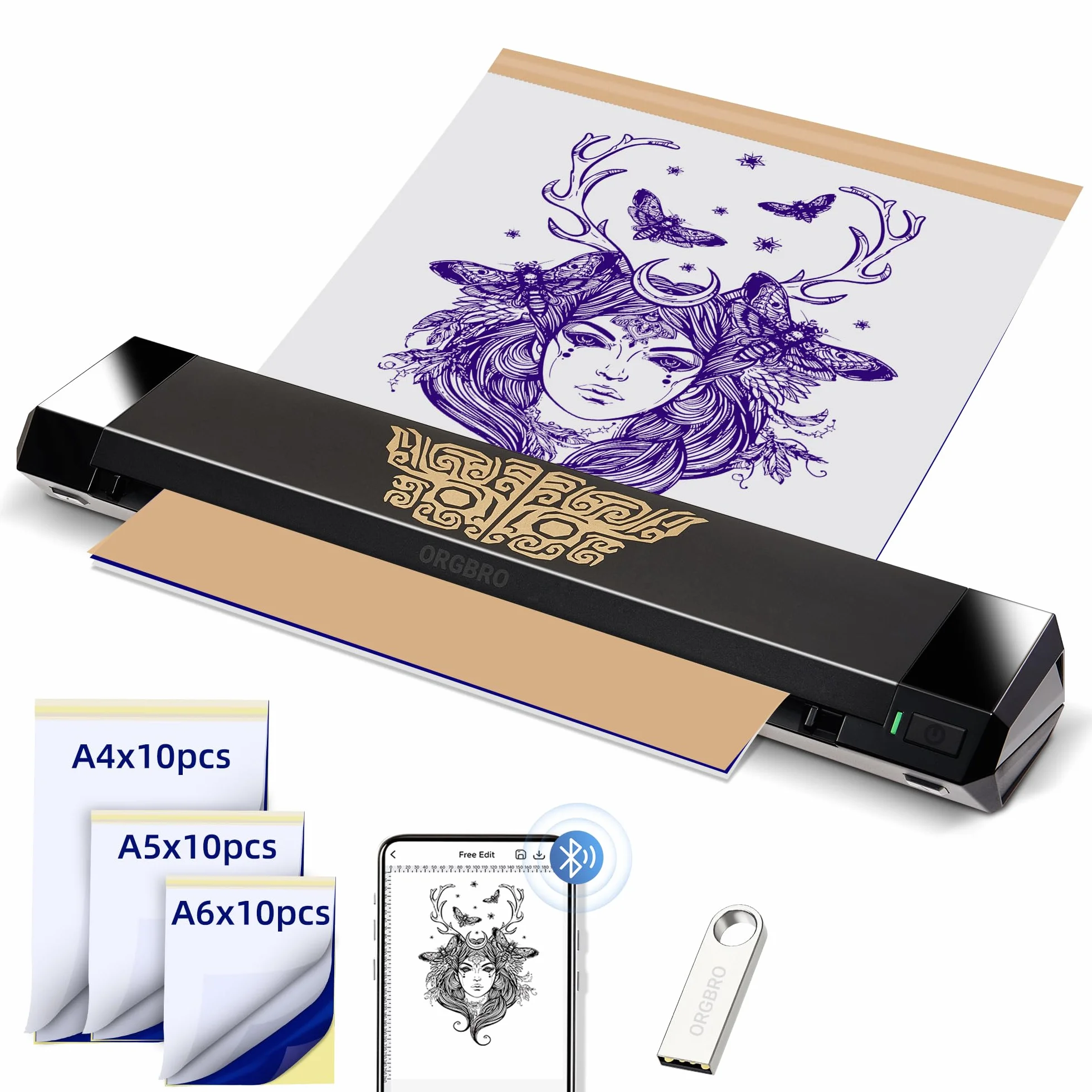 ORGBRO X8 Imprimante Stencil Tatouage Transfert Thermique Bluetooth 30 Feuilles Papier