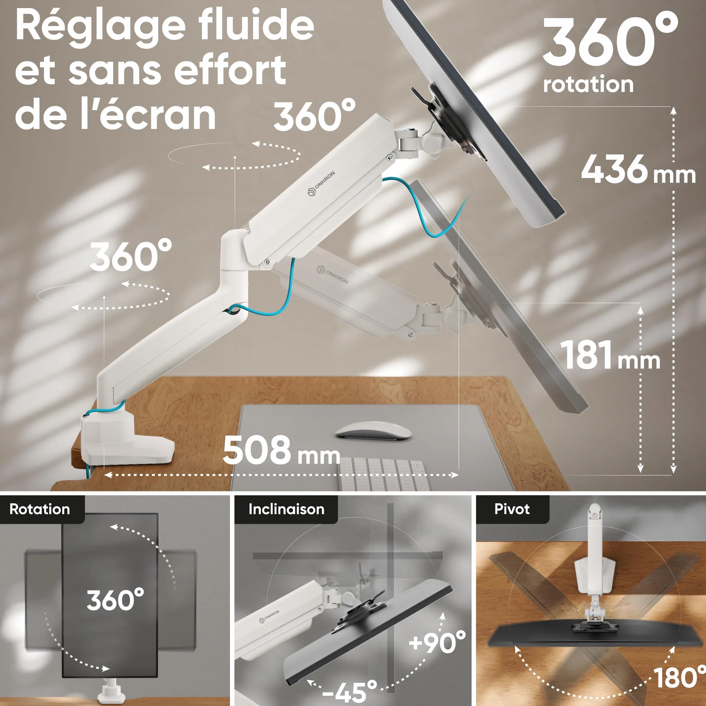 ONKRON Support Ecran PC Bras Articulé 13-32 Pouces 10 kg VESA 75x100 Blanc G80-BW