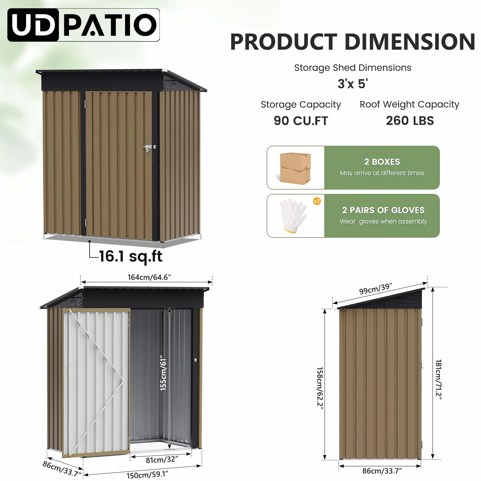UDPATIO Abri de Jardin Métal 164x101x181 cm Cabane Extérieur Toit Incliné Serrure Rangement Outils Vélo Marron