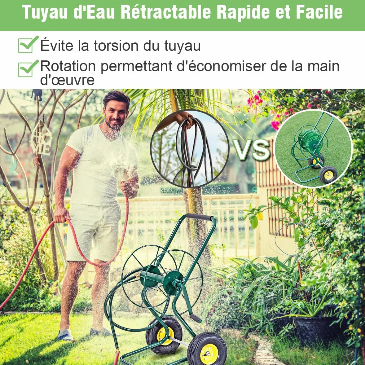 GOPLUS Chariot Enrouleur Tuyau d'Arrosage, Chariot Tuyau d'Arrosage avec 2 Roues, Cadre en Métal, Grande Capacité, Mécanisme de Manivelle, Support de Tuyau d'Arrosage pour Jardin, pour Jardinage