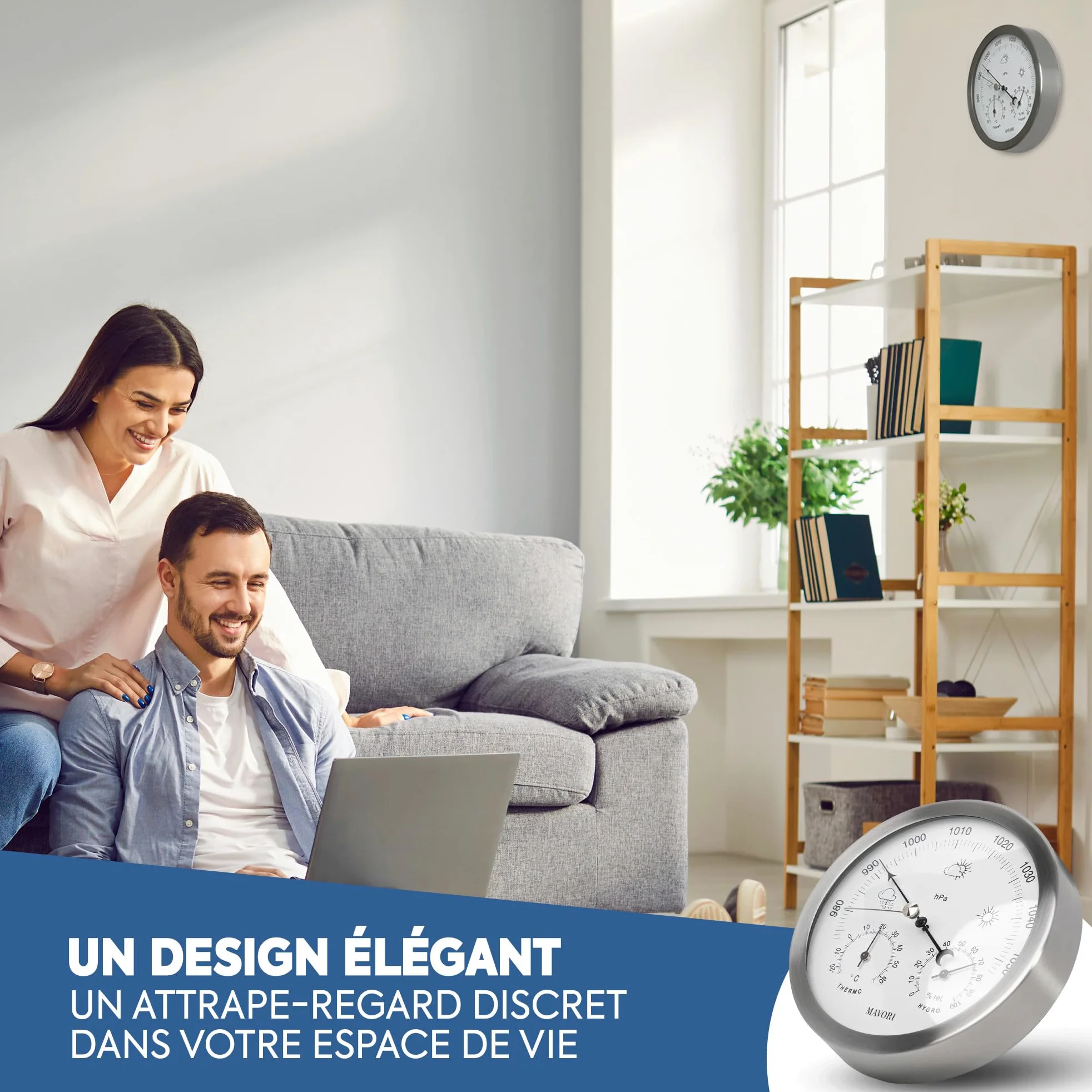 Station météo analogique - 3en1 baromètre, thermomètre & hygromètre pour intérieur et extérieur - Ø 13,5cm cadre en acier inoxydable avec verre acrylique au design moderne