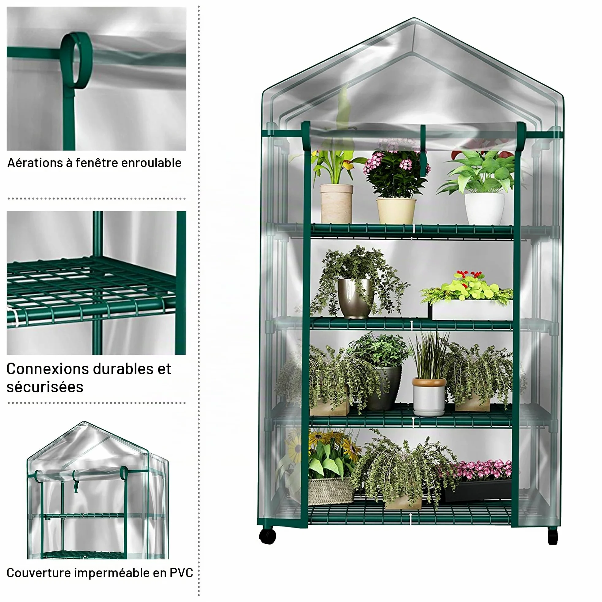 Home-Complete Mini Serre Portable à 4 Niveaux avec Roues verrouillables et Housse en PVC pour intérieur ou extérieur - 68,6 x 48,3 x 160 cm