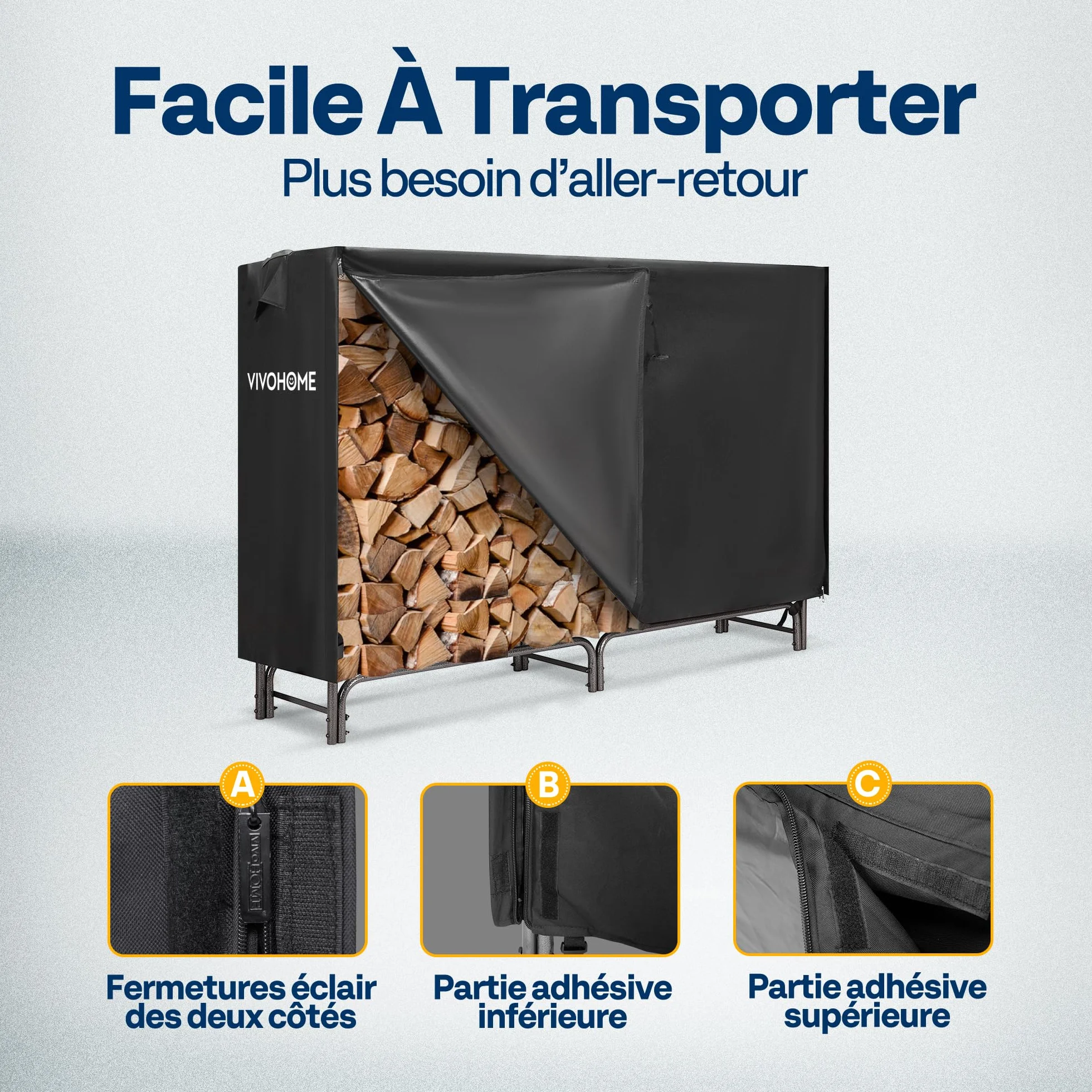 VIVOHOME Étagère pour Bois de Cheminée Housse Anthracite 183×123×35cm Support Bûches Chauffage Robuste Imperméable