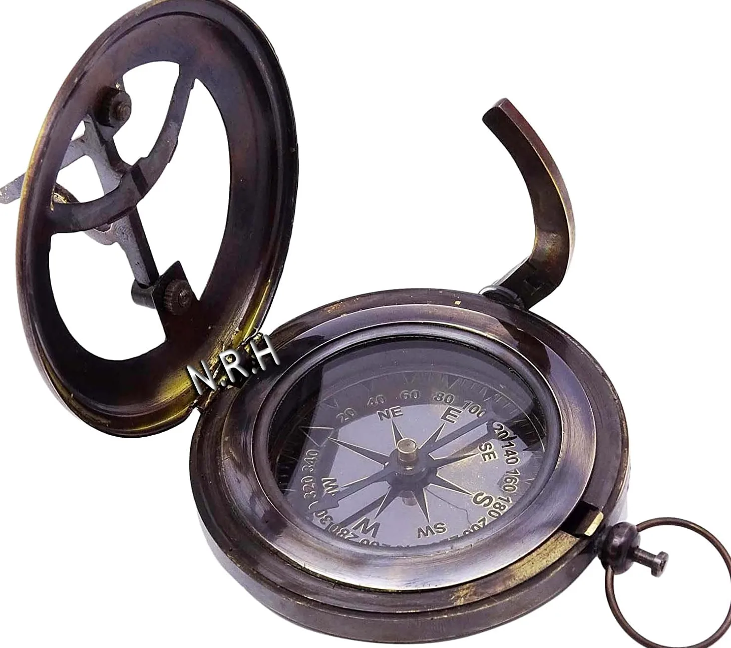 Cadran solaire vintage boussole en laiton avec étui en cuir – Cadeau gravé pour lui – boussole à pousser pour camping, randonnée et tourisme