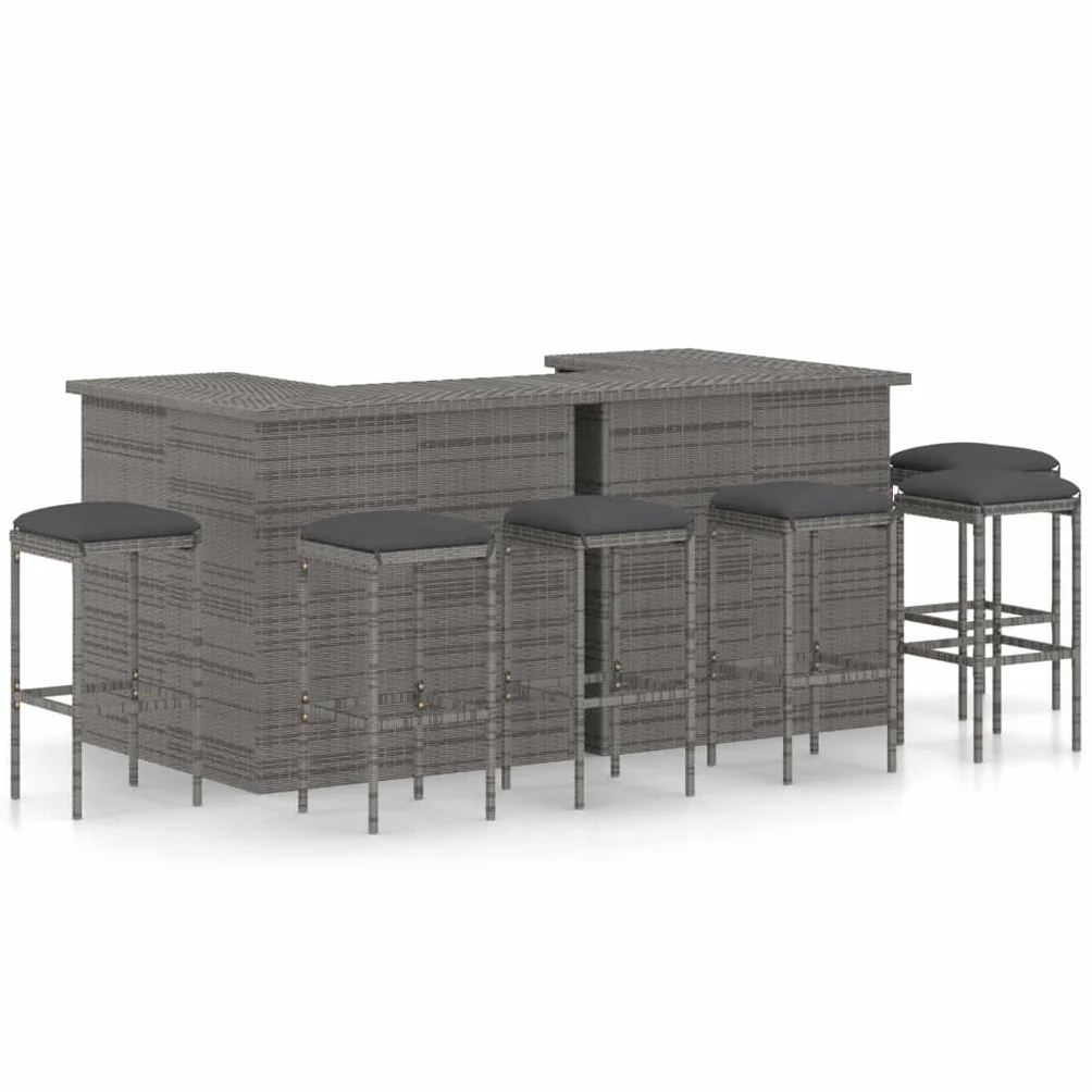 vidaXL Meuble de Bar de Jardin 8 pcs avec Coussins Salon de Jardin Table et Tabourets Résine Tressée Gris
