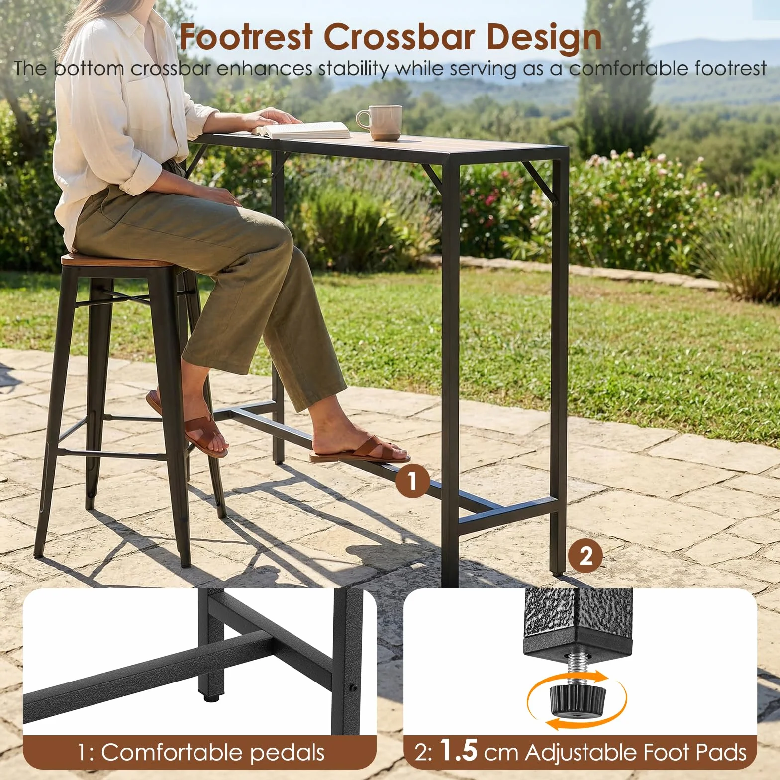 Table Haute de Jardin Clevich 120x38x98 cm Mange Debout Exterieur Plateau Étanche Pieds Réglables Hauteur Bois