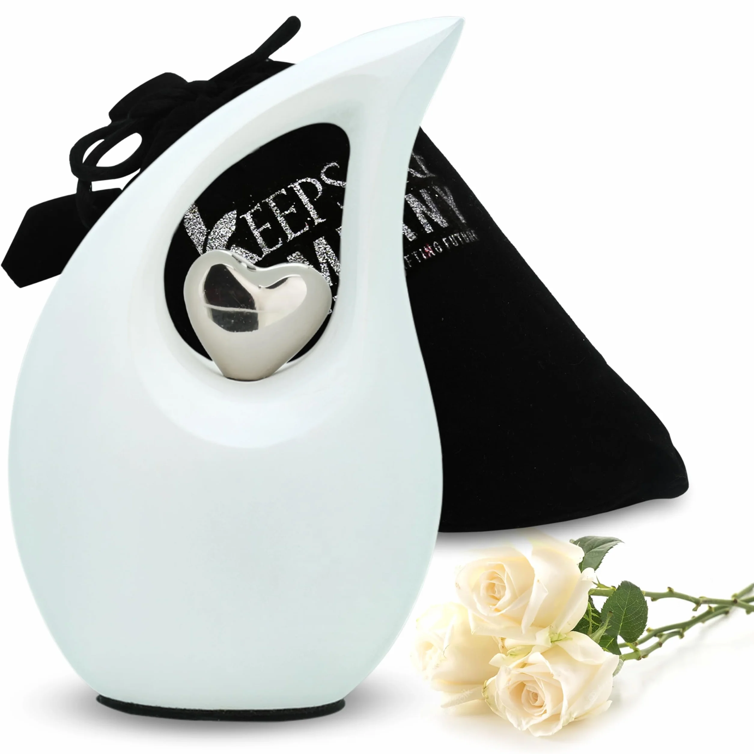 Urne funéraire en forme de larme blanche mate pour cendres humaines avec cœur argenté 3 pouces