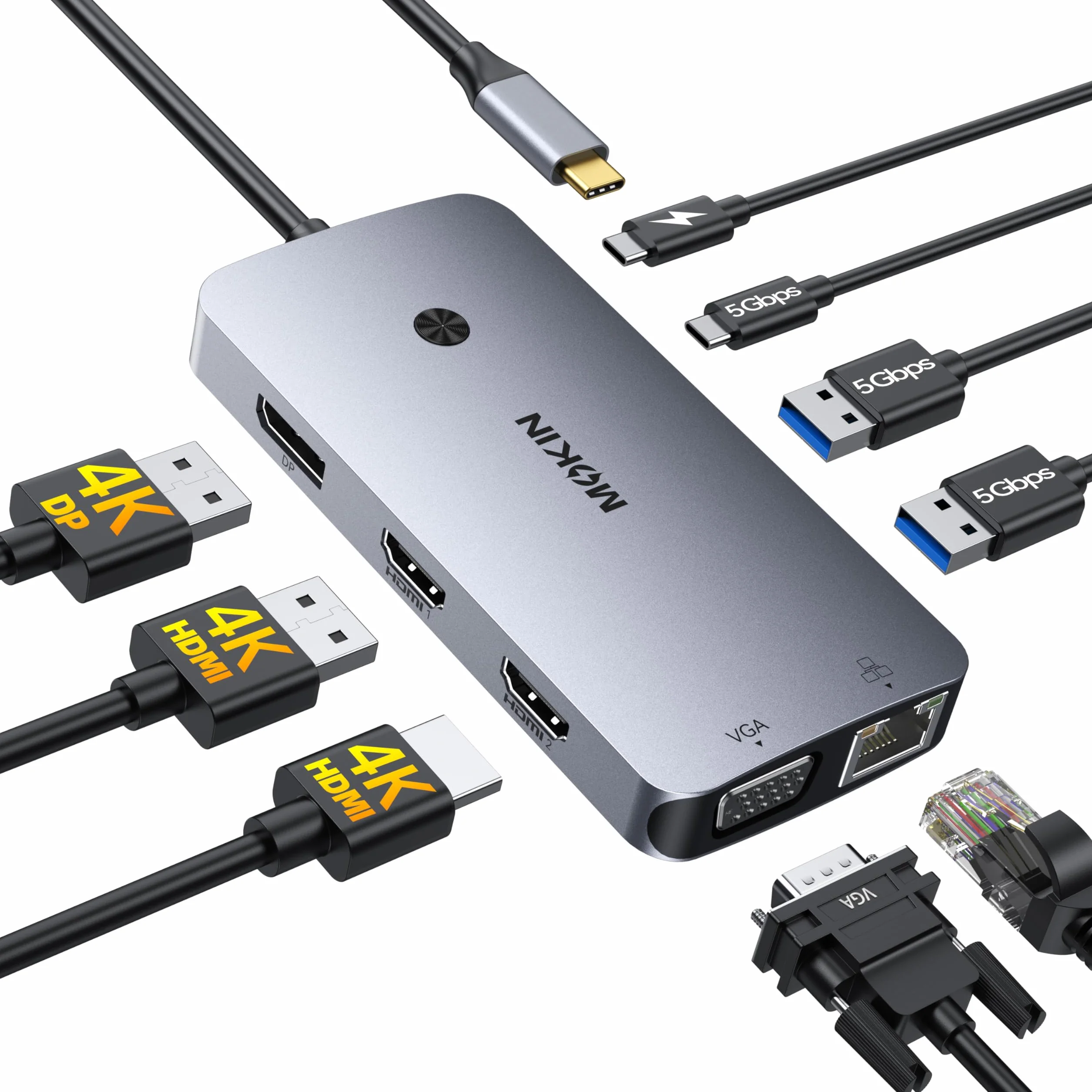 MOKiN Station d'accueil USB C Triple Écran 9 en 1 Dock USB C Double HDMI 4K DisplayPort VGA PD 100W Ethernet Gigabit USB A/C 3.0
