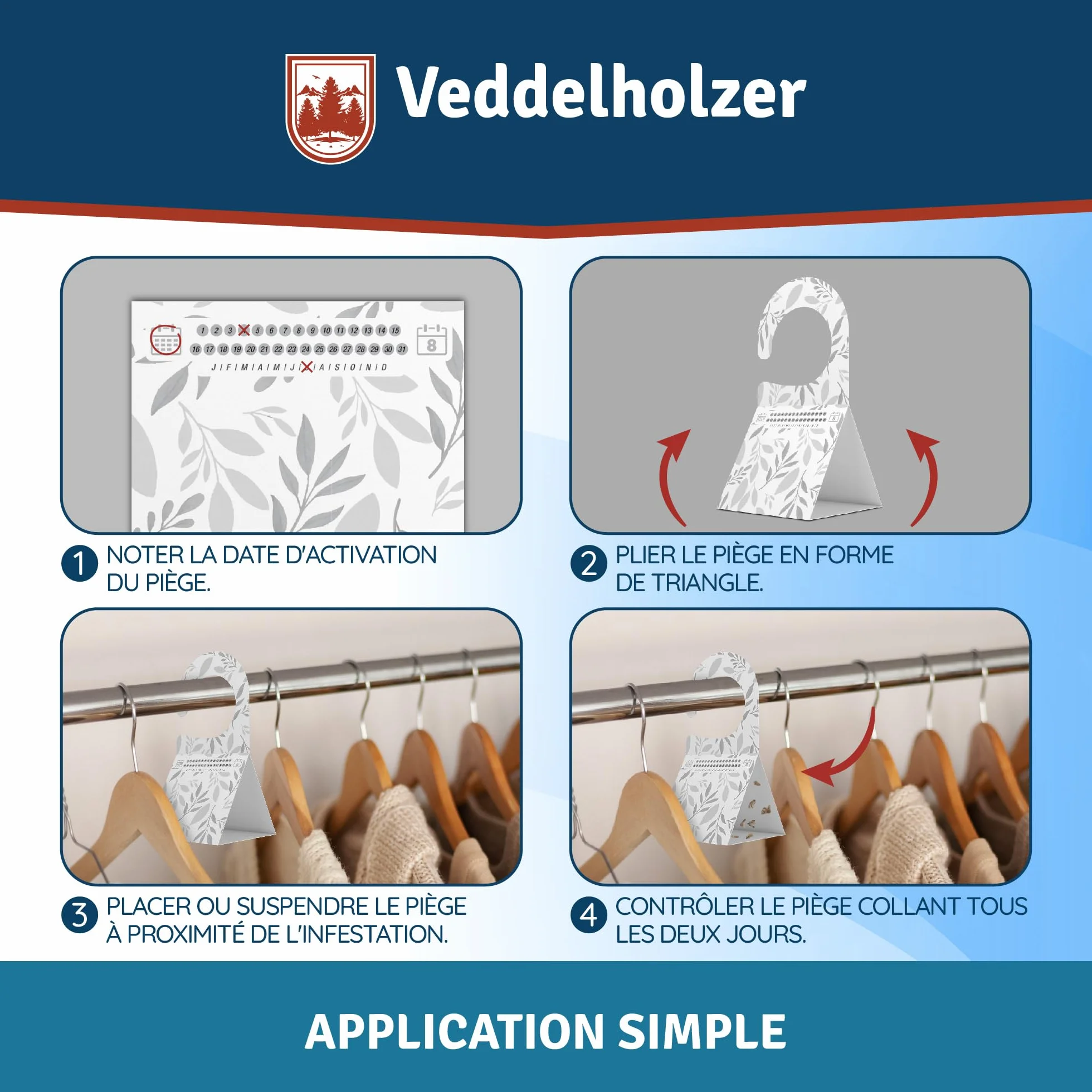 Veddelholzer Lot de 8 pièges à mites de vêtements - Piège triangulaire avec crochets et surface adhésive - Sans odeur et non toxique
