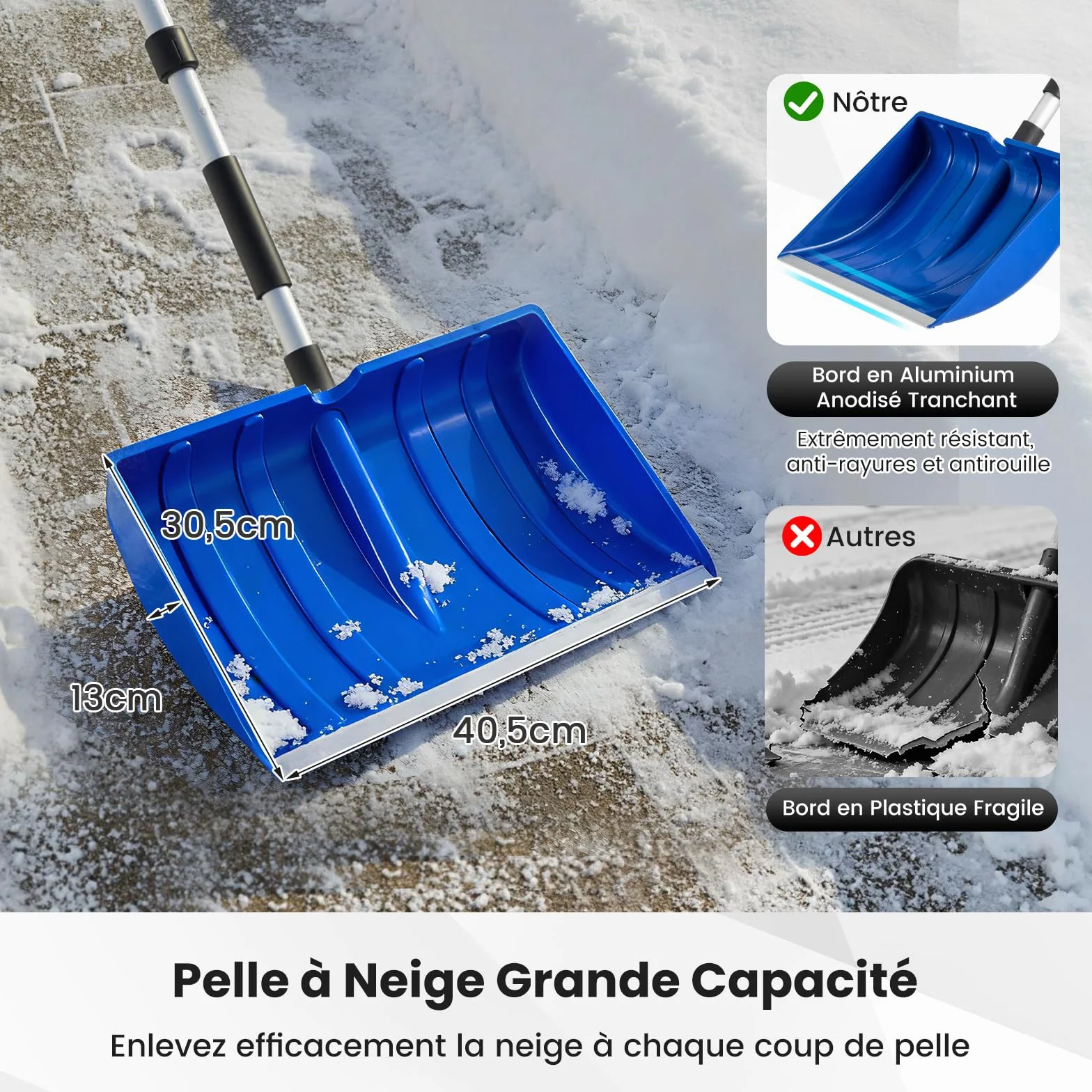 COSTWAY Pelle à Neige Portable, Outil de Déneigement Léger avec Lame Large et Bande en Aluminium, Grattoir à Glace pour Voiture (Bleu)