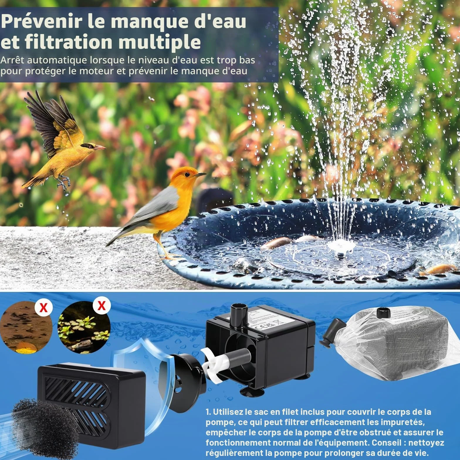 Fontaine Solaire Extérieure Pompe Bassin 6,5W avec 9 Buses pour Bain d'oiseaux Jardin