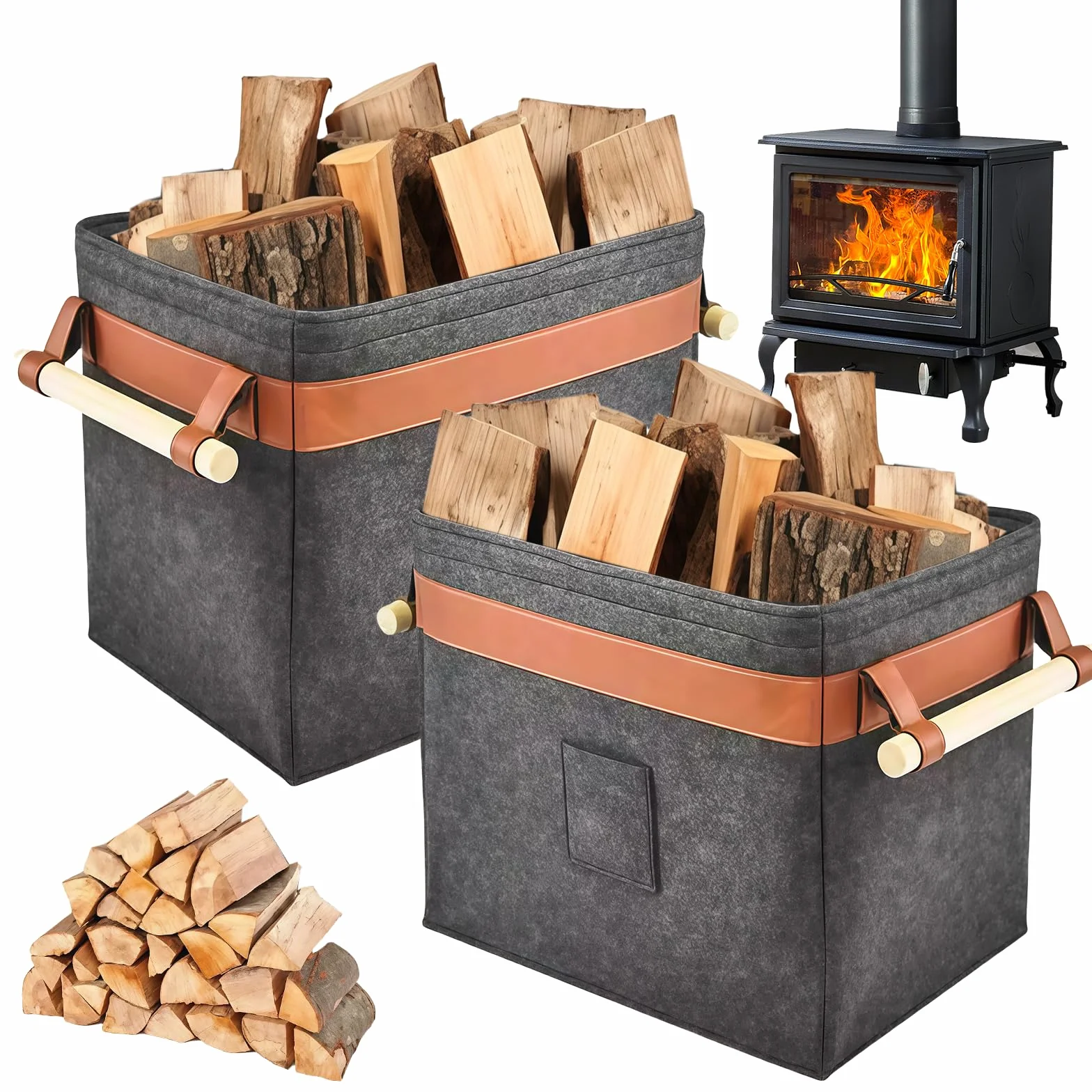 Lot de 2 paniers en feutre pour bois de chauffage 42x32x35 cm gris foncé