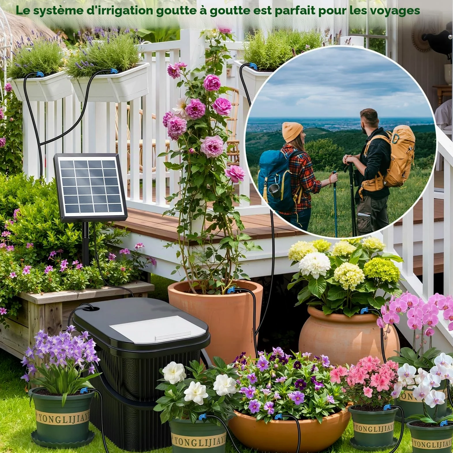 Kit d'Arrosage Automatique Solaire, Système Goutte à Goutte 15m | Avec Tuyau, Seau et 10 Pots de Fleurs, Programmateur Automatique pour Vacances, Balcon et Plantes en Pot