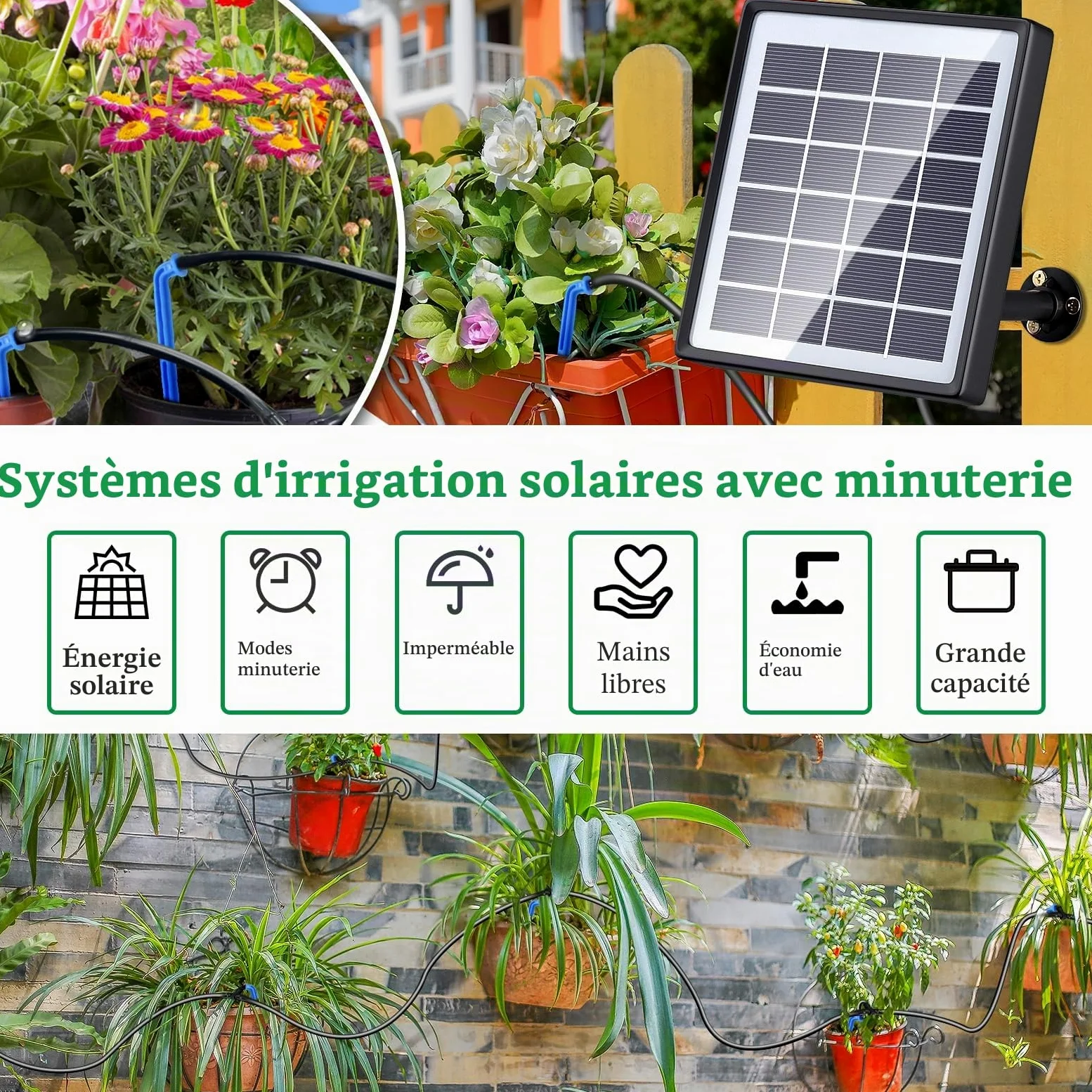 SoulBay Kit d'irrigation Goutte à Goutte Automatique à énergie Solaire, 12 Modes de Synchronisation, avec tuyau d'arrosage de 15 m pour jardin intérieur et extérieur en pot